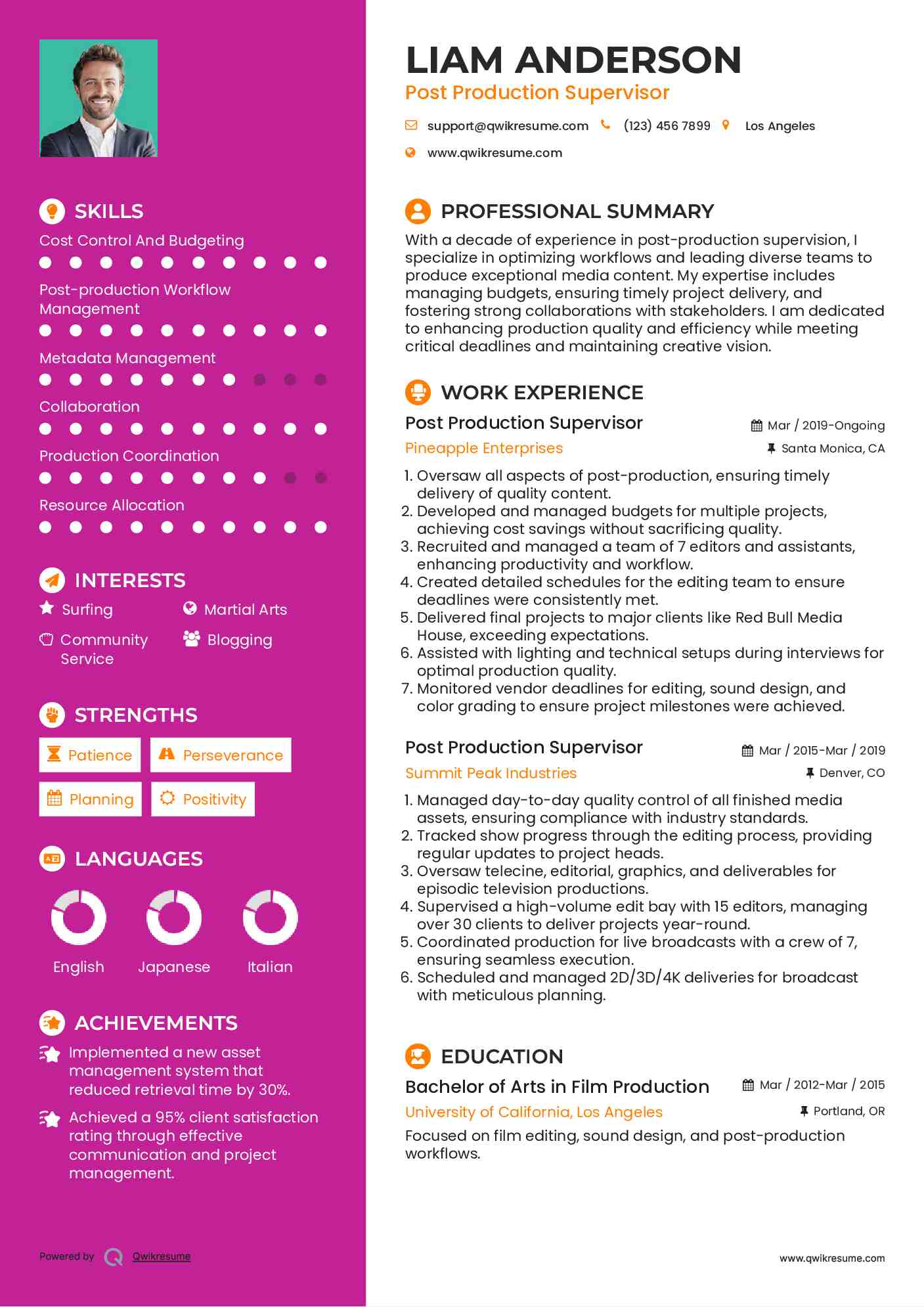 Post Production Supervisor Resume Example