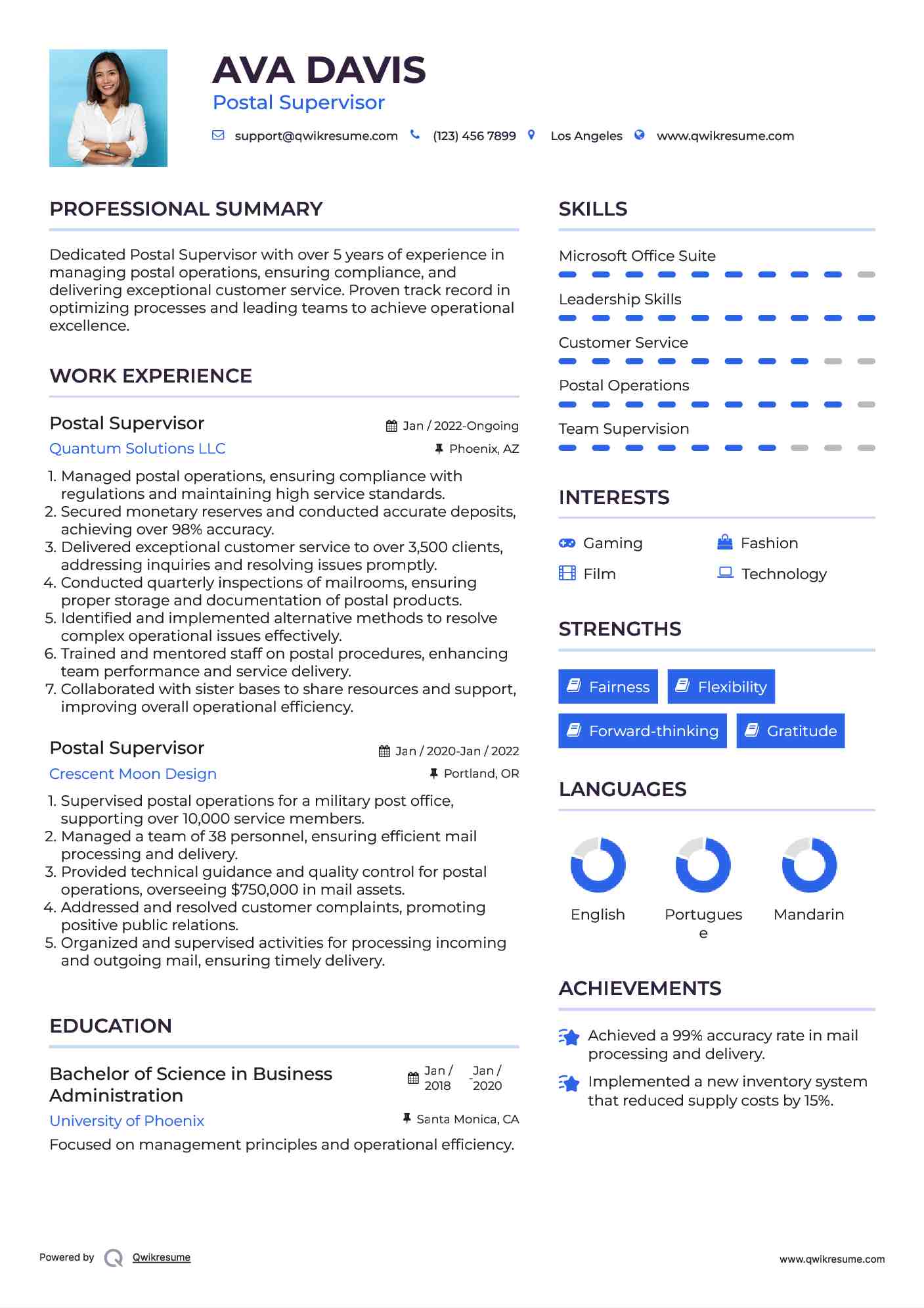 Postal Supervisor Resume Model
