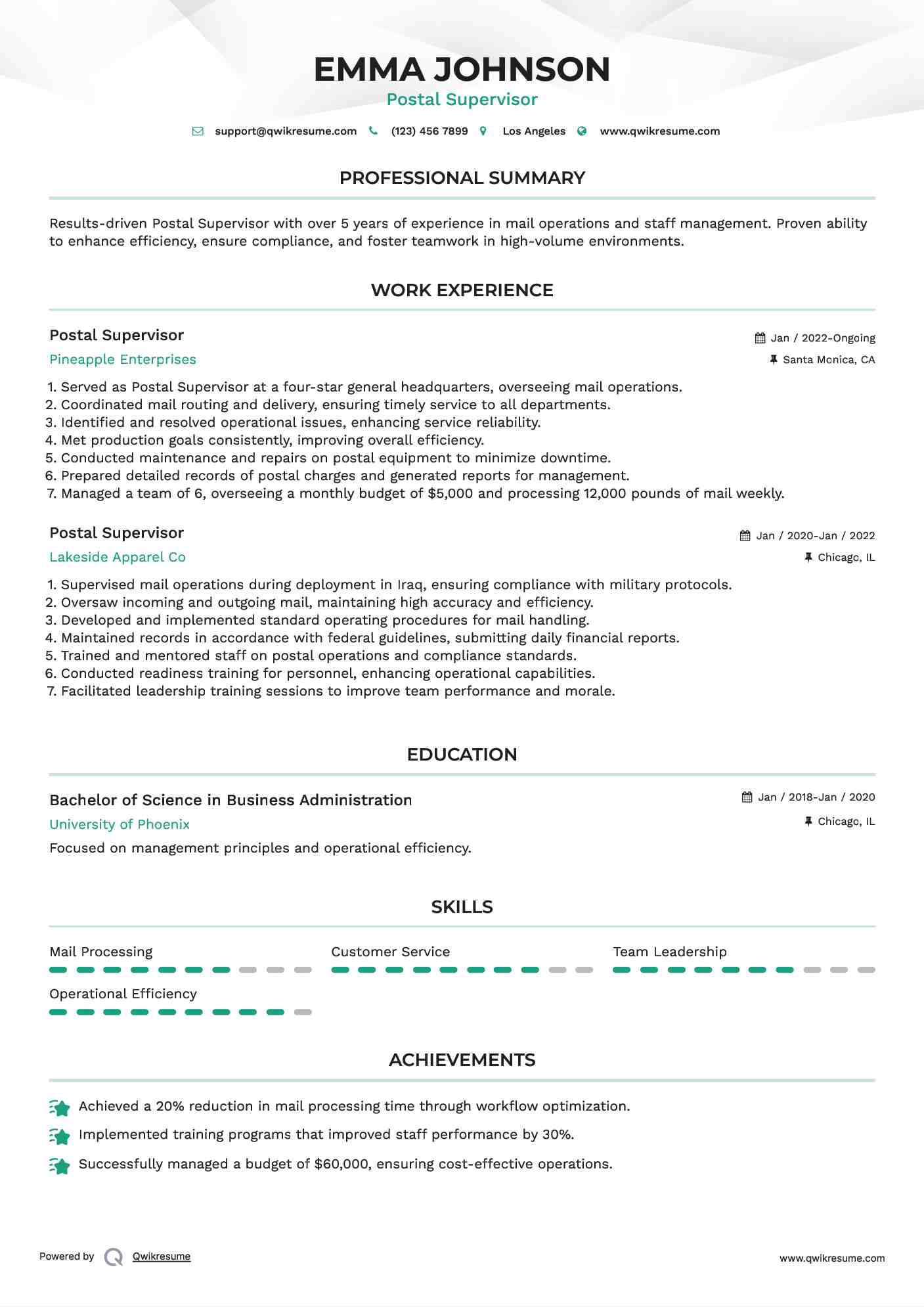 Postal Supervisor Resume Format