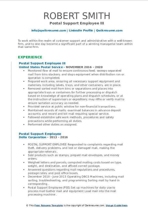 Postal Support Employee Resume Samples QwikResume