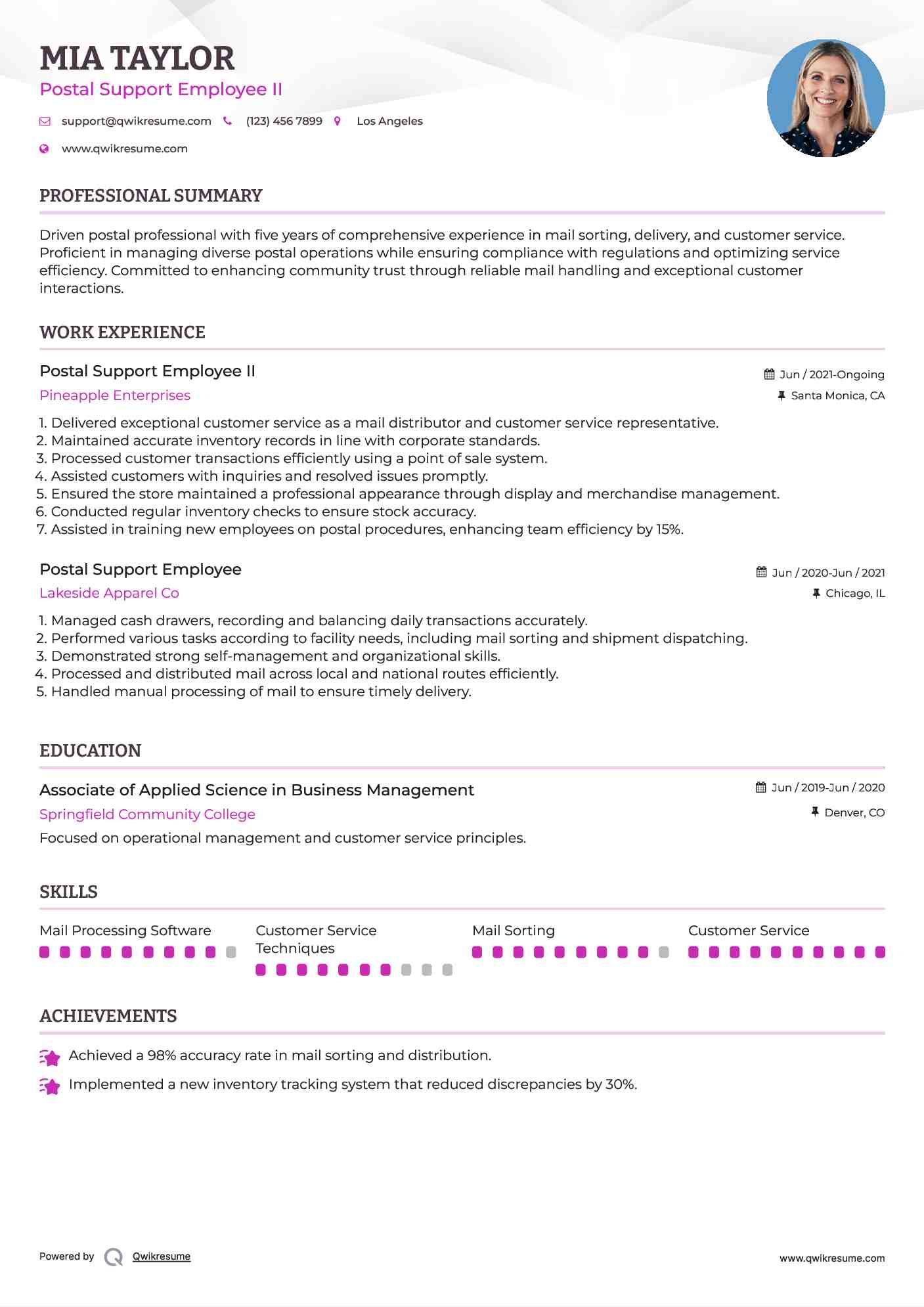 Postal Support Employee II Resume Model