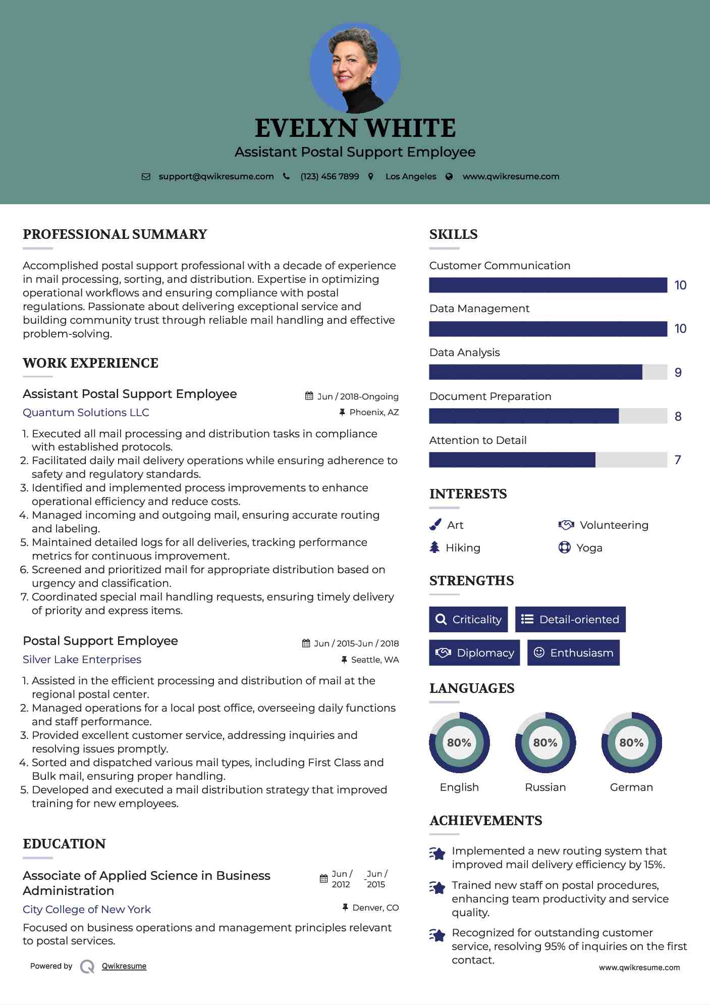 Assistant Postal Support Employee Resume Sample