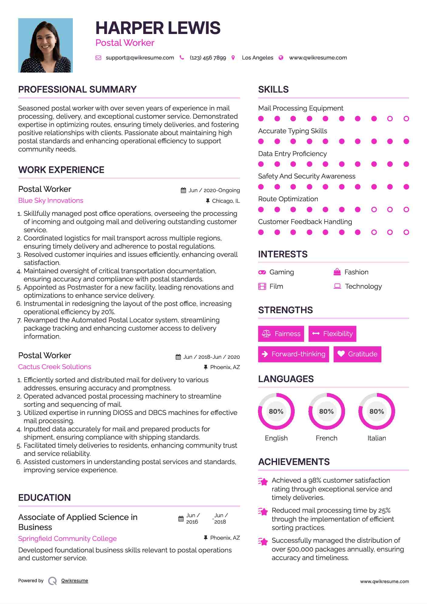 Postal Worker Resume Example