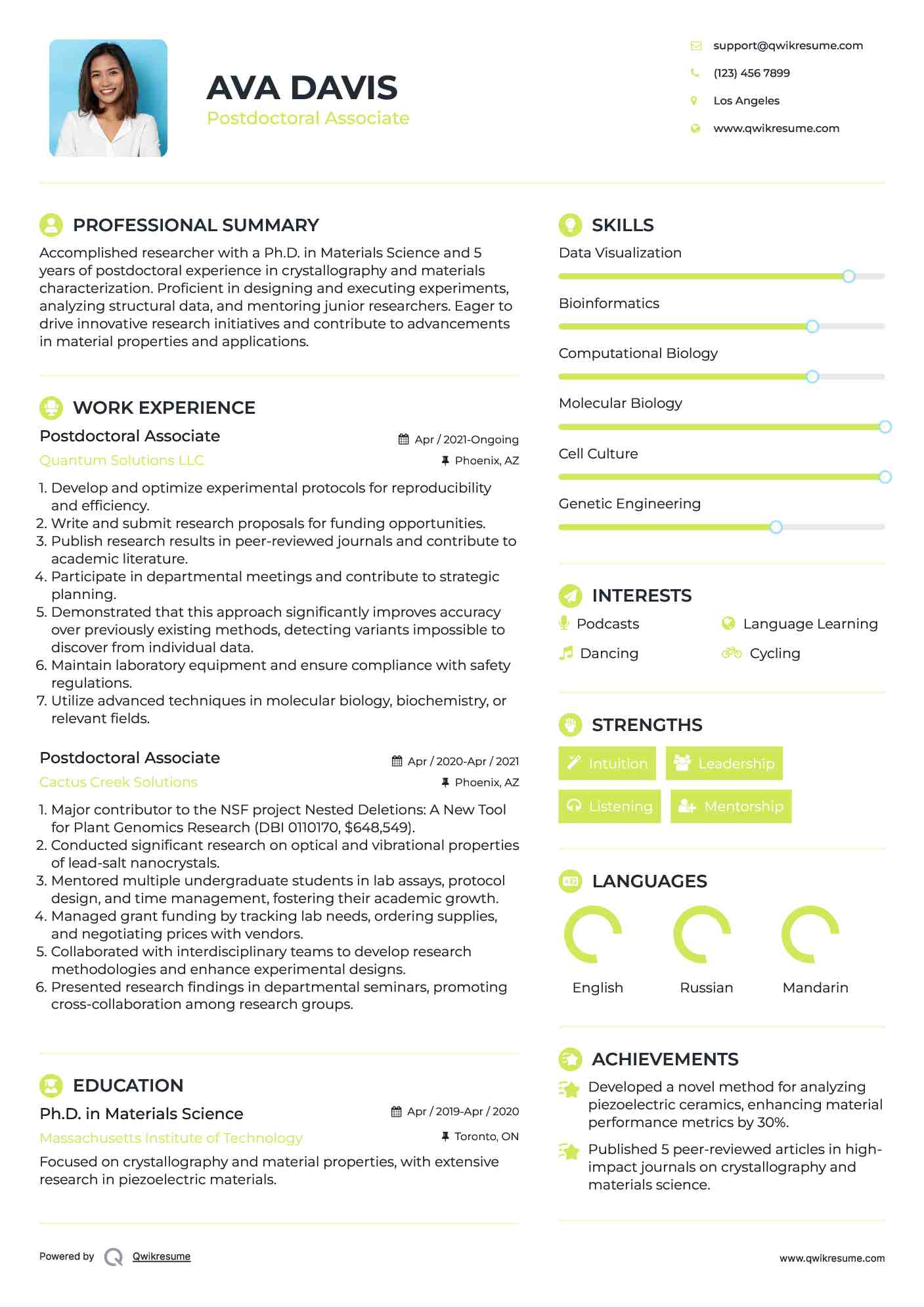 Postdoctoral Associate Resume Example