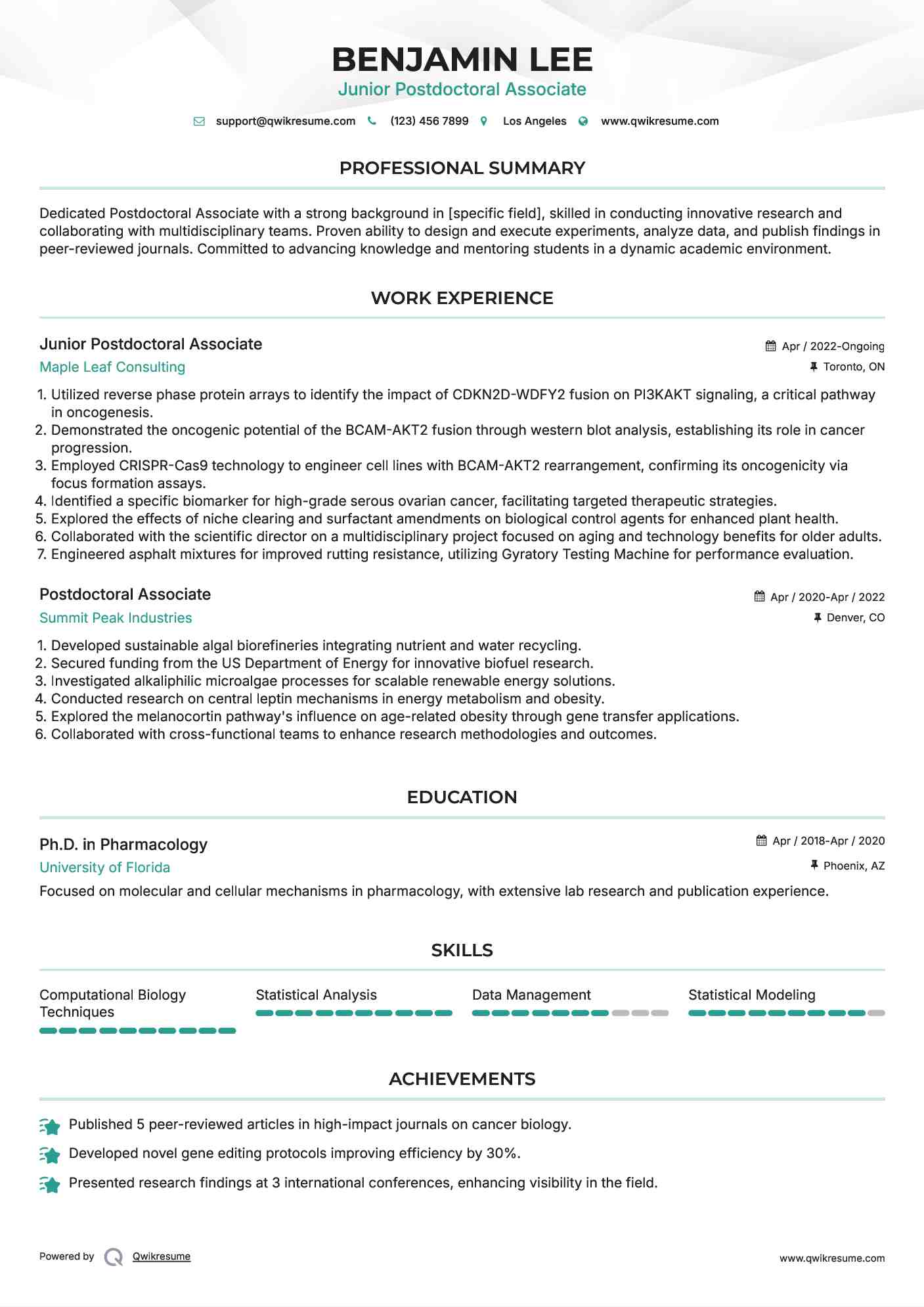 Junior Postdoctoral Associate Resume Template