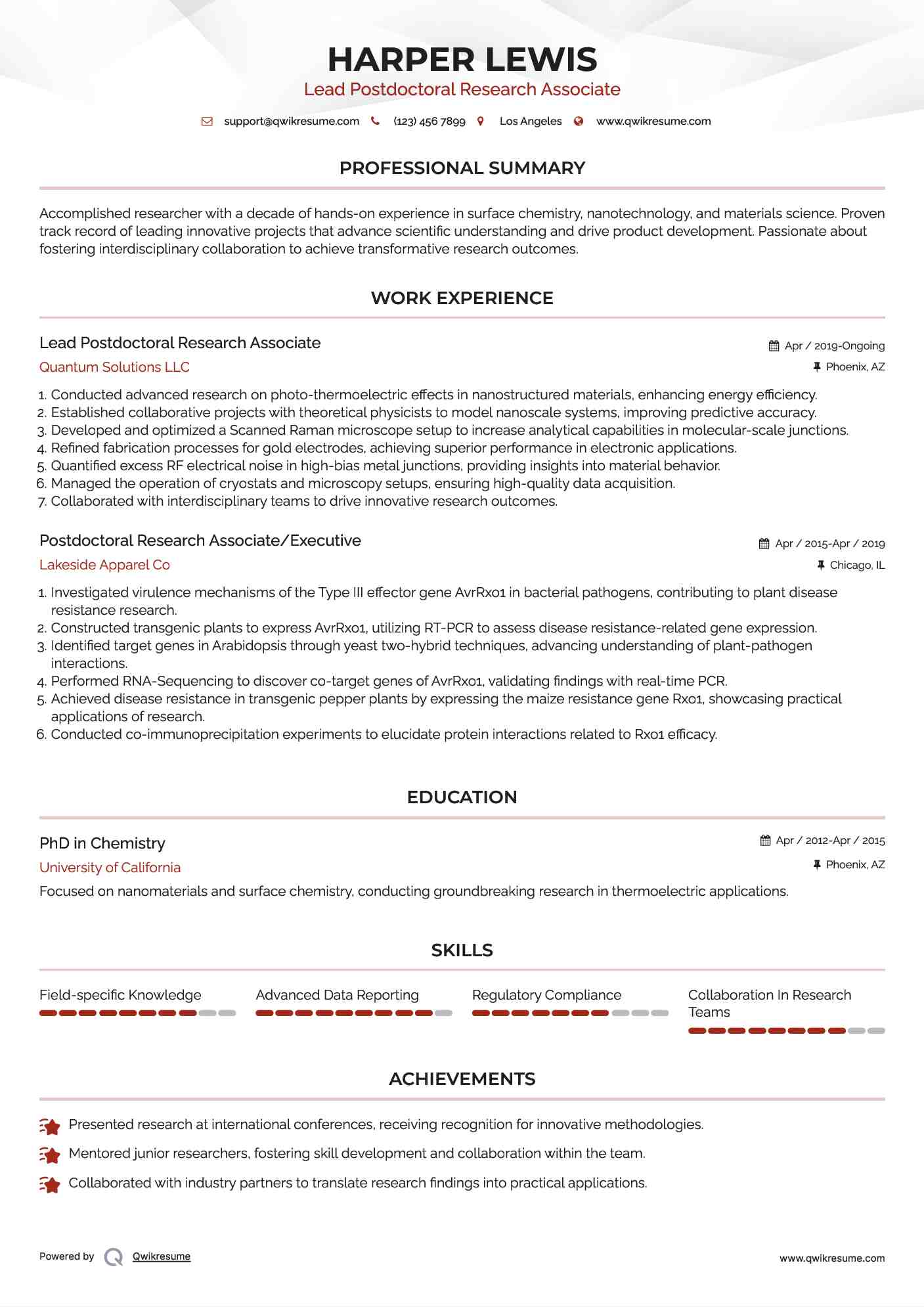 Lead Postdoctoral Research Associate Resume Template