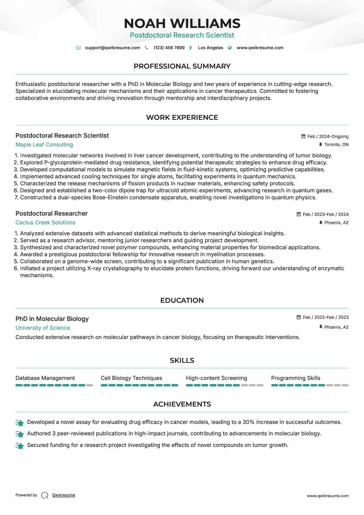 Postdoctoral Research Scientist Resume Sample