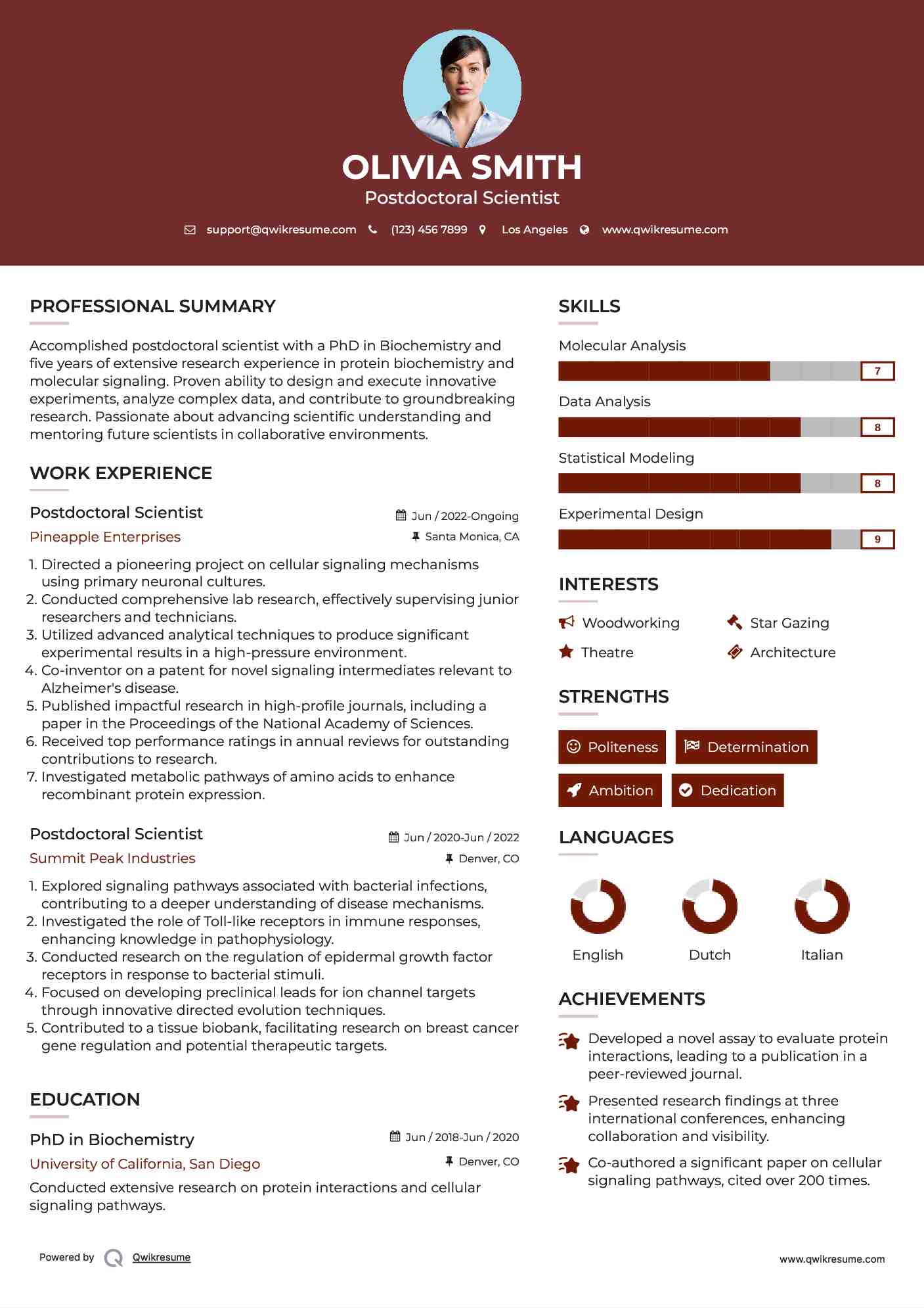 Postdoctoral Scientist Resume Example