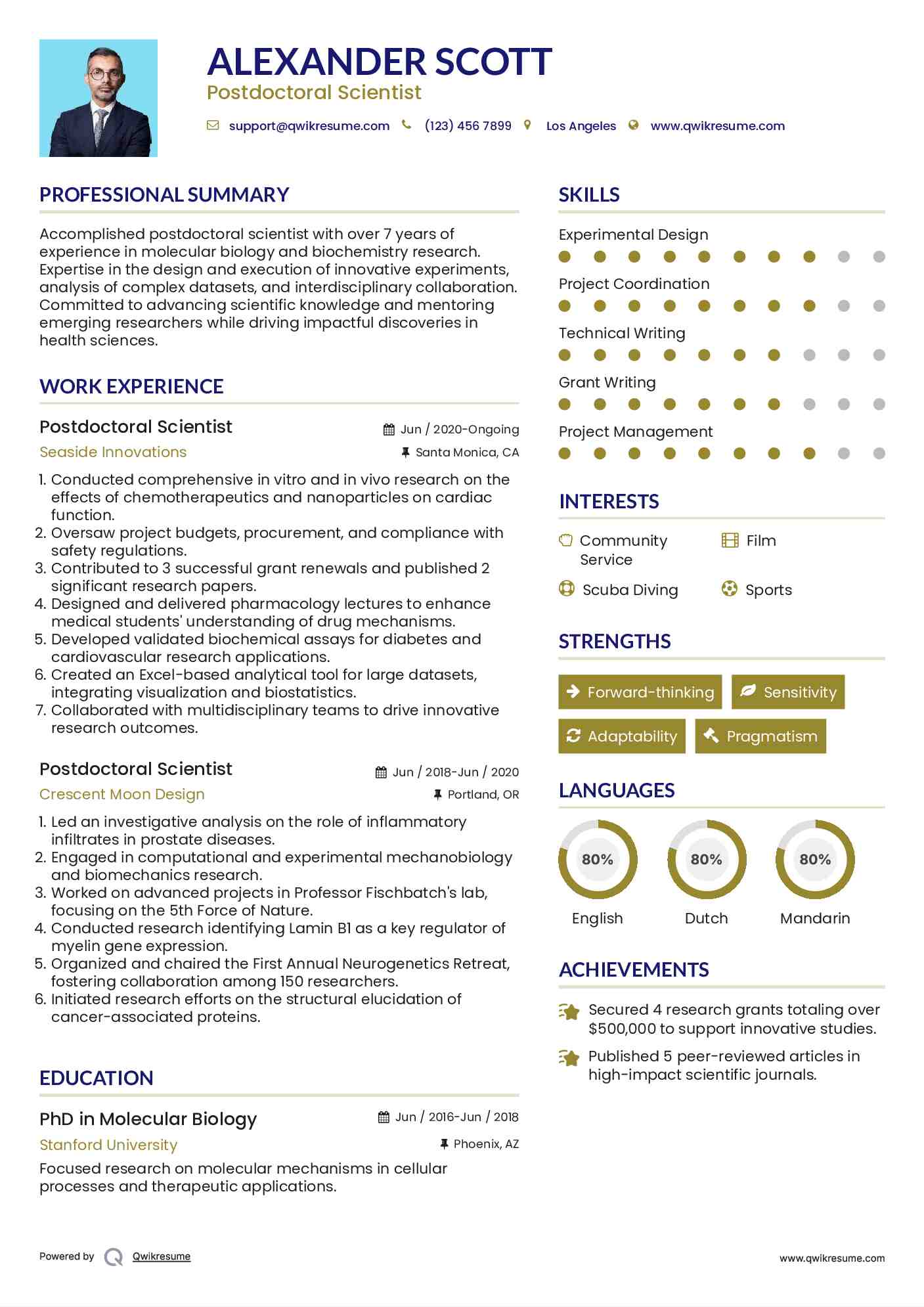 Postdoctoral Scientist Resume Format