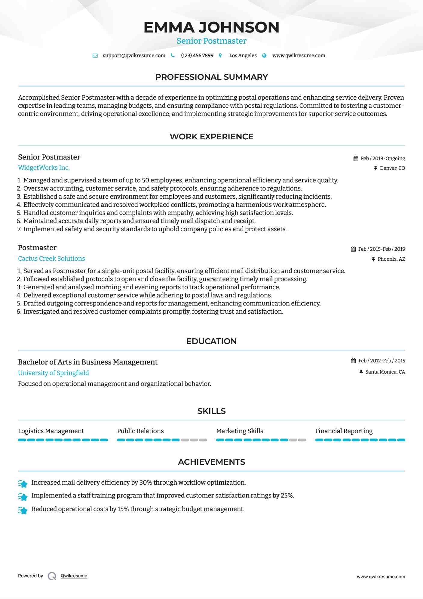 Senior Postmaster Resume Example