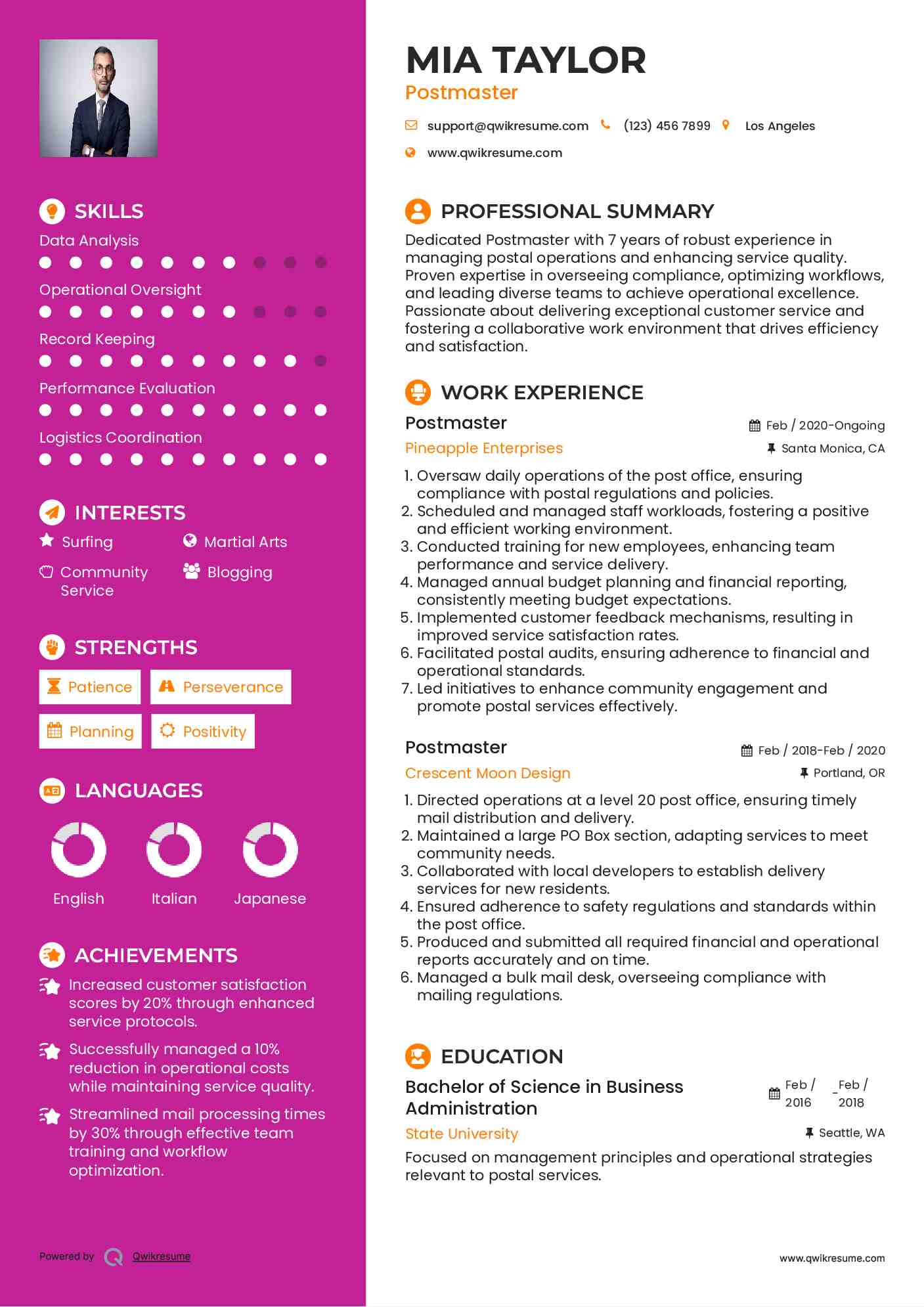 Postmaster Resume Template