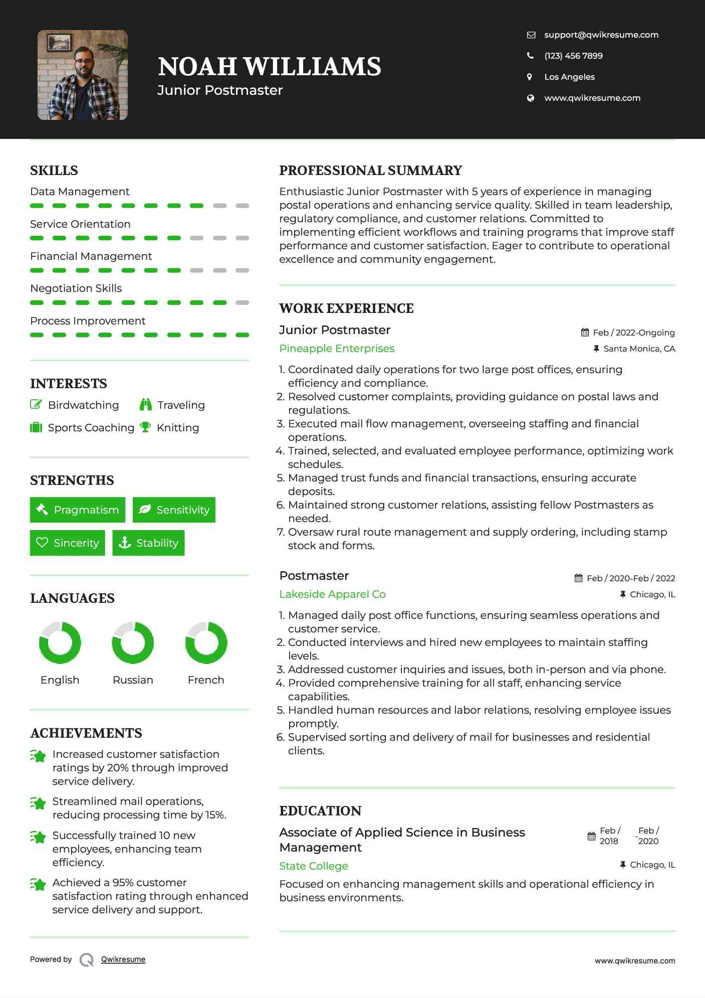 Junior Postmaster  Resume Template