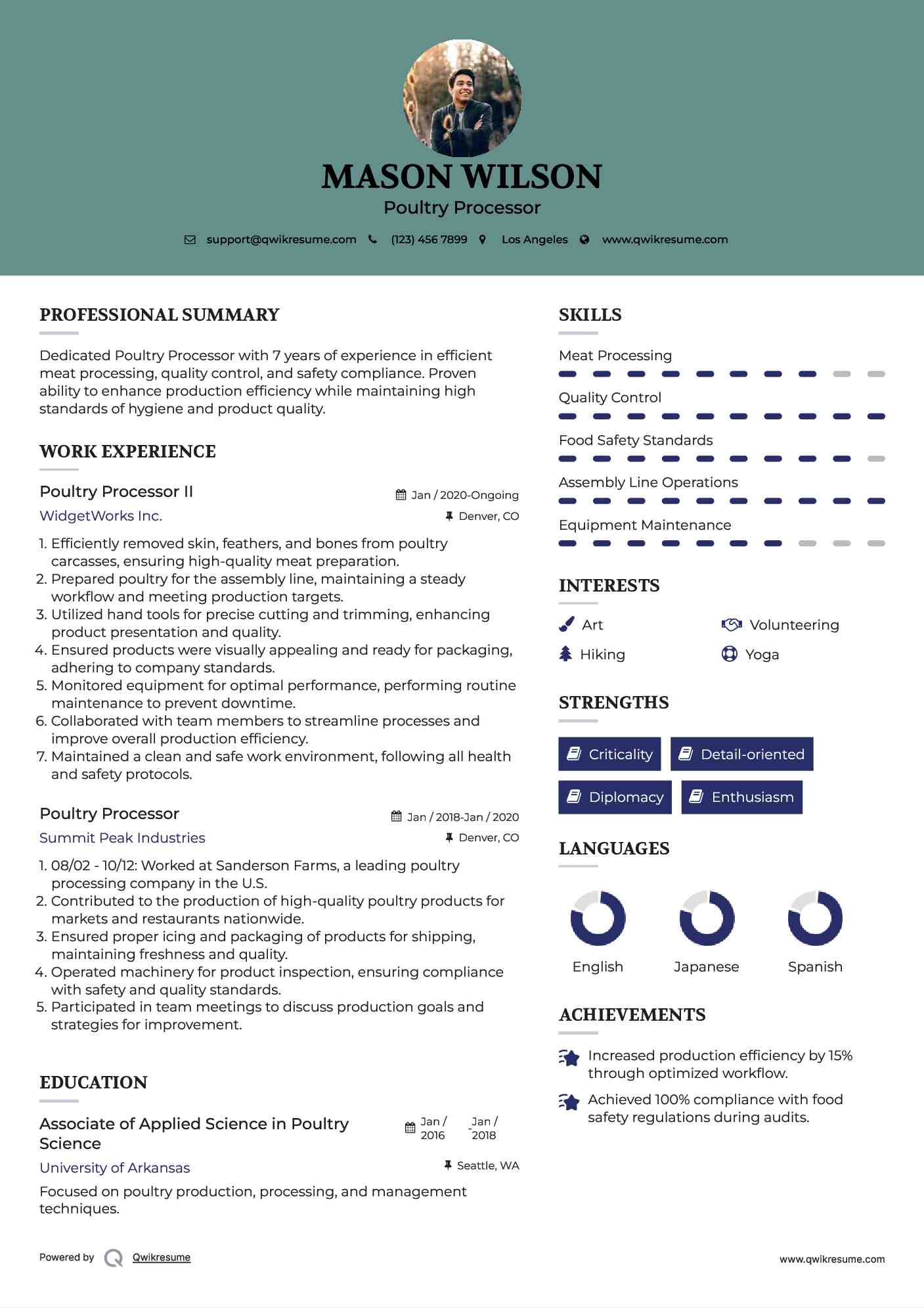 Poultry Processor Resume Samples QwikResume