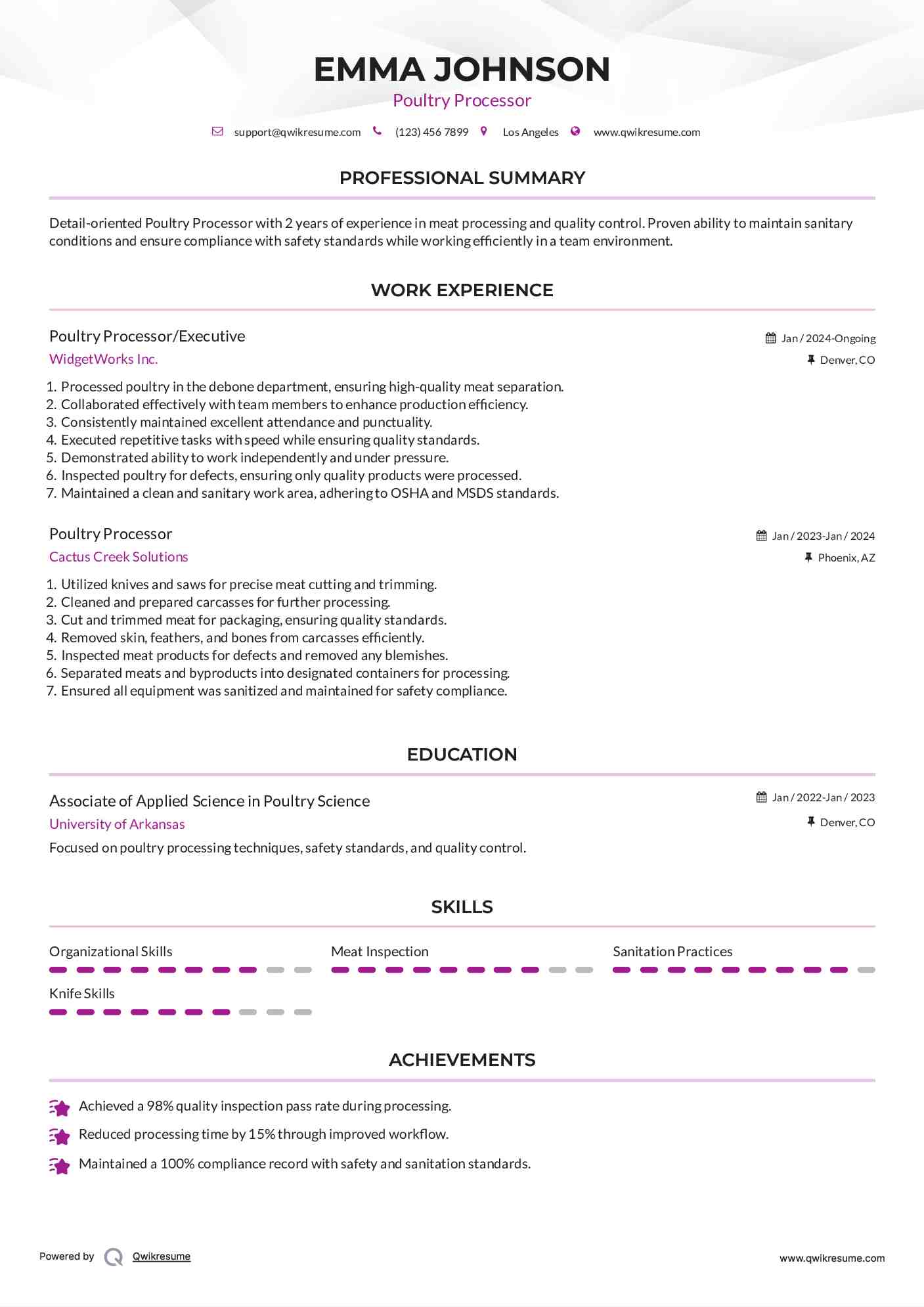 Poultry Processor Resume Samples QwikResume