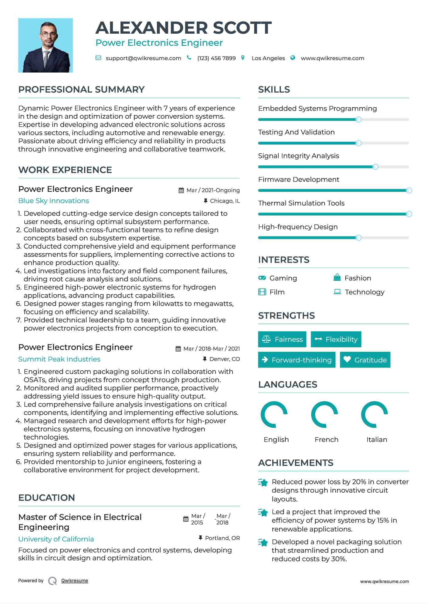 Power Electronics Engineer Resume Sample