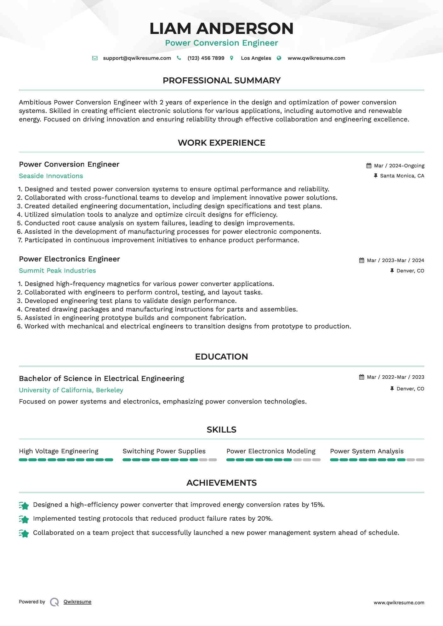 Power Conversion Engineer Resume Format