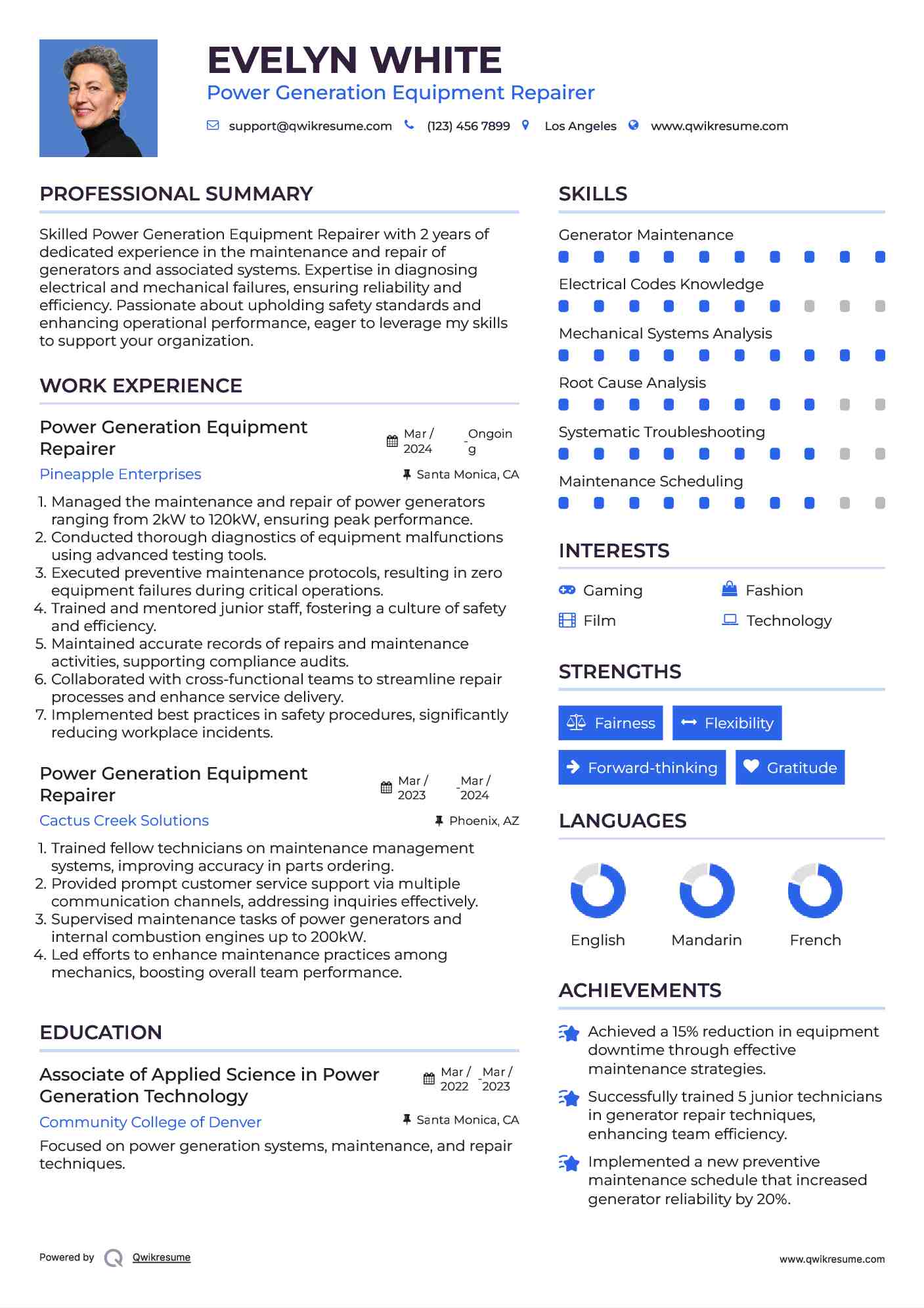 Power Generation Equipment Repairer Resume Template
