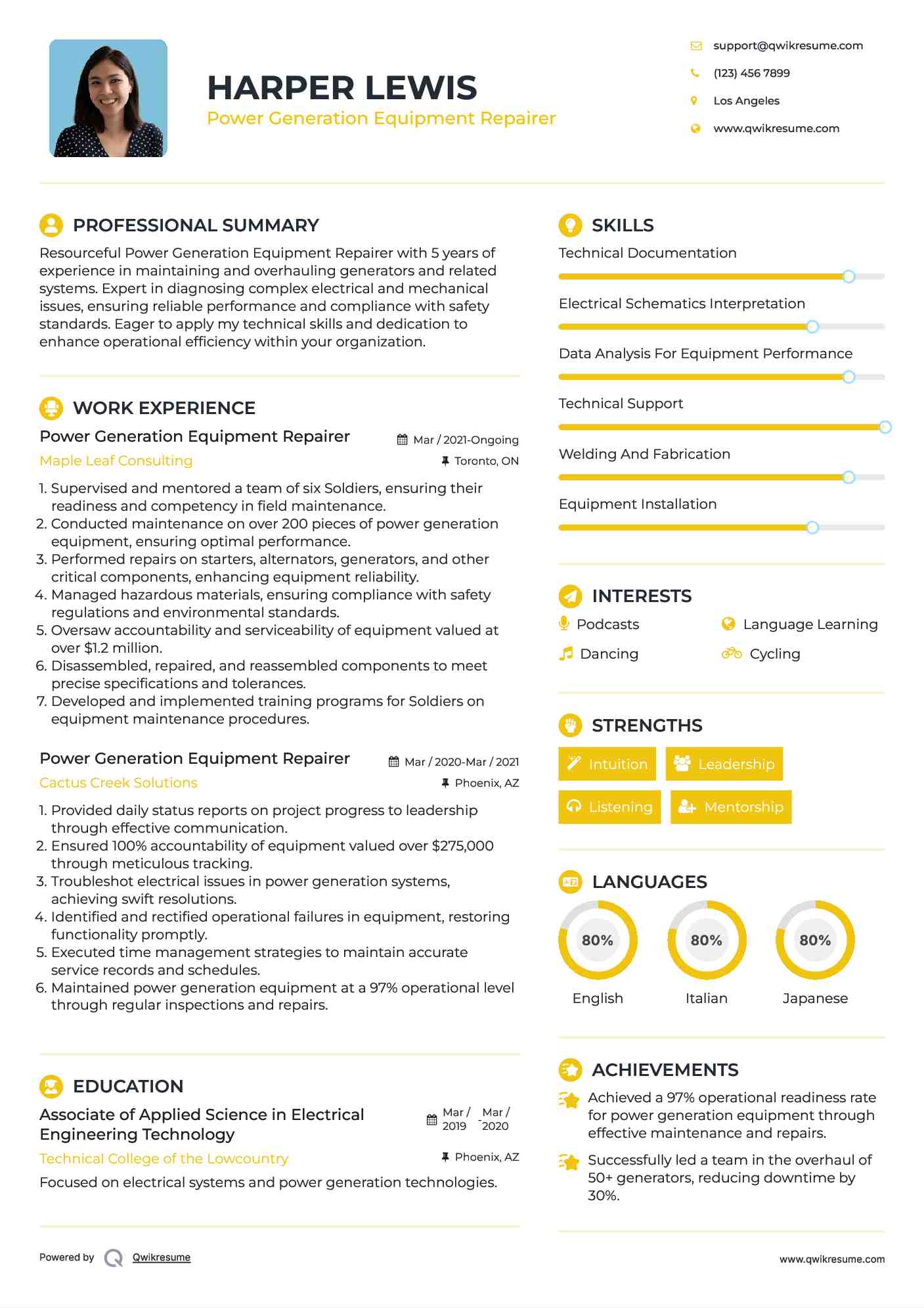 Power Generation Equipment Repairer Resume Example