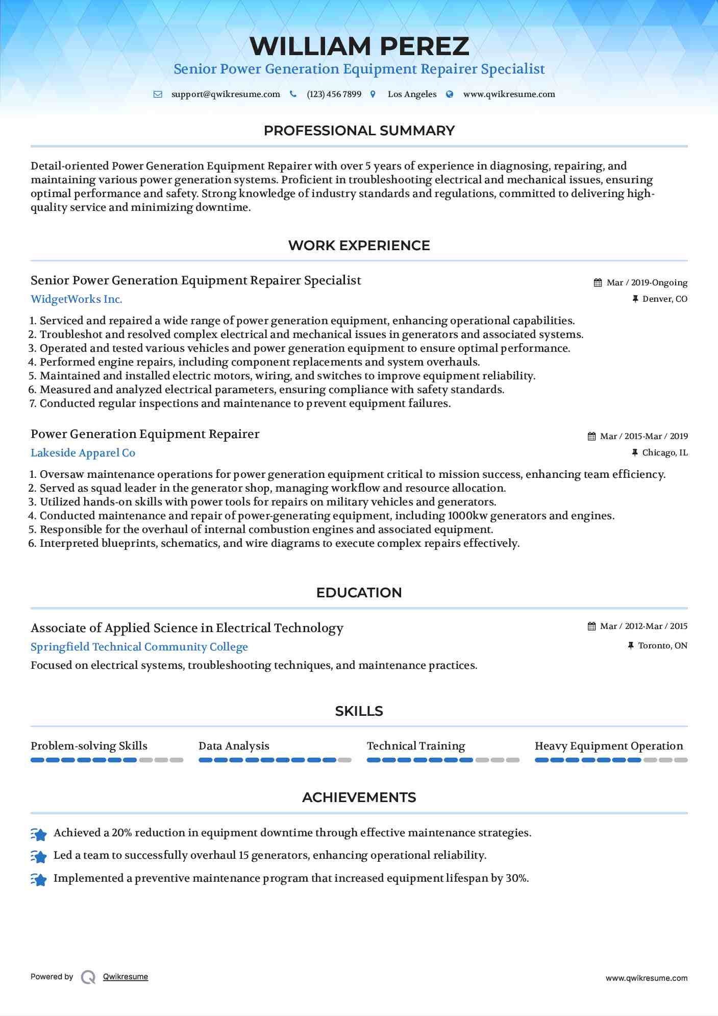 Senior Power Generation Equipment Repairer Specialist Resume Format