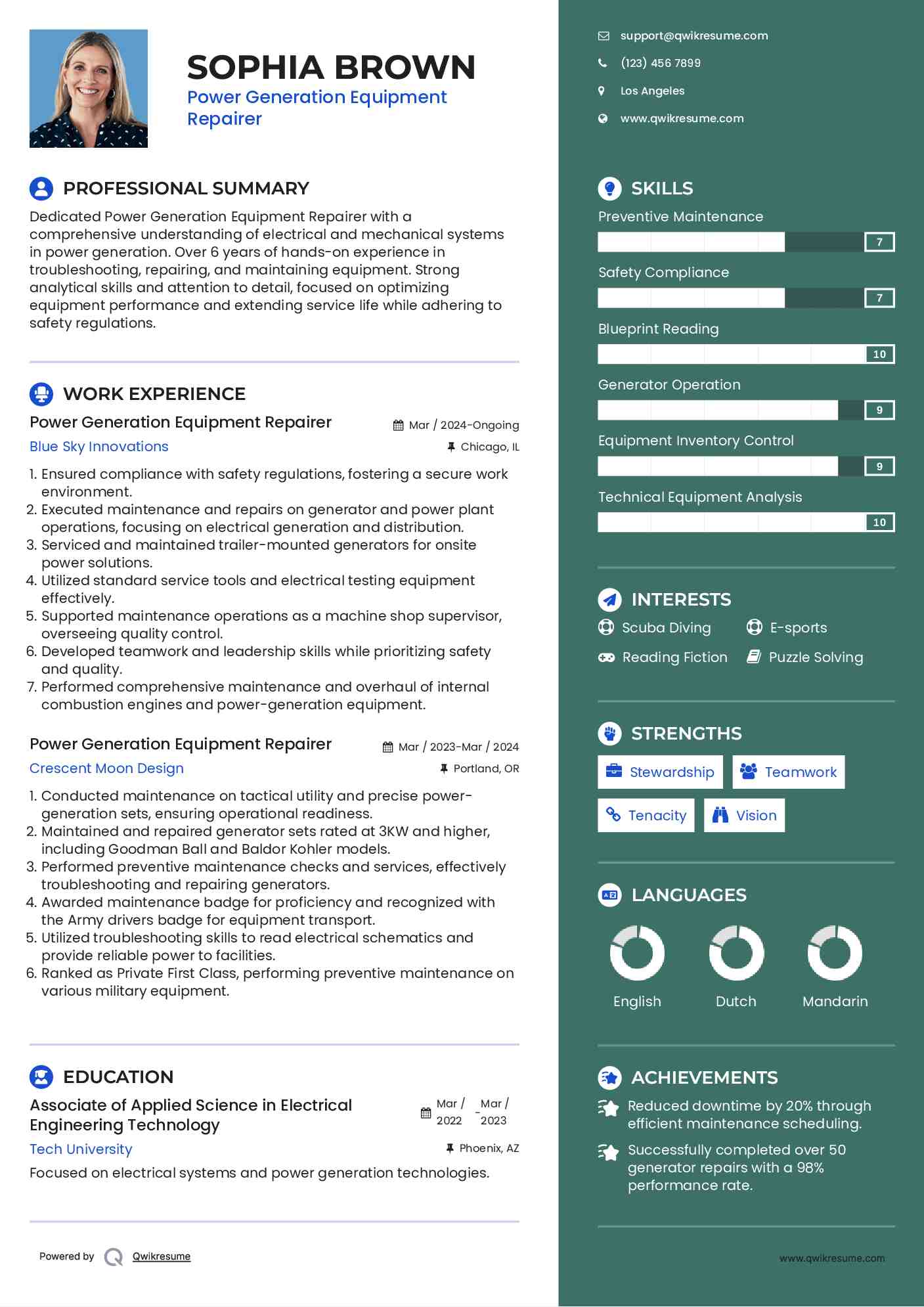 Power Generation Equipment Repairer Resume Sample