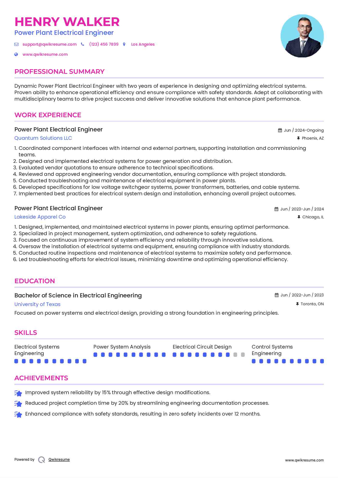Power Plant Electrical Engineer Resume Model