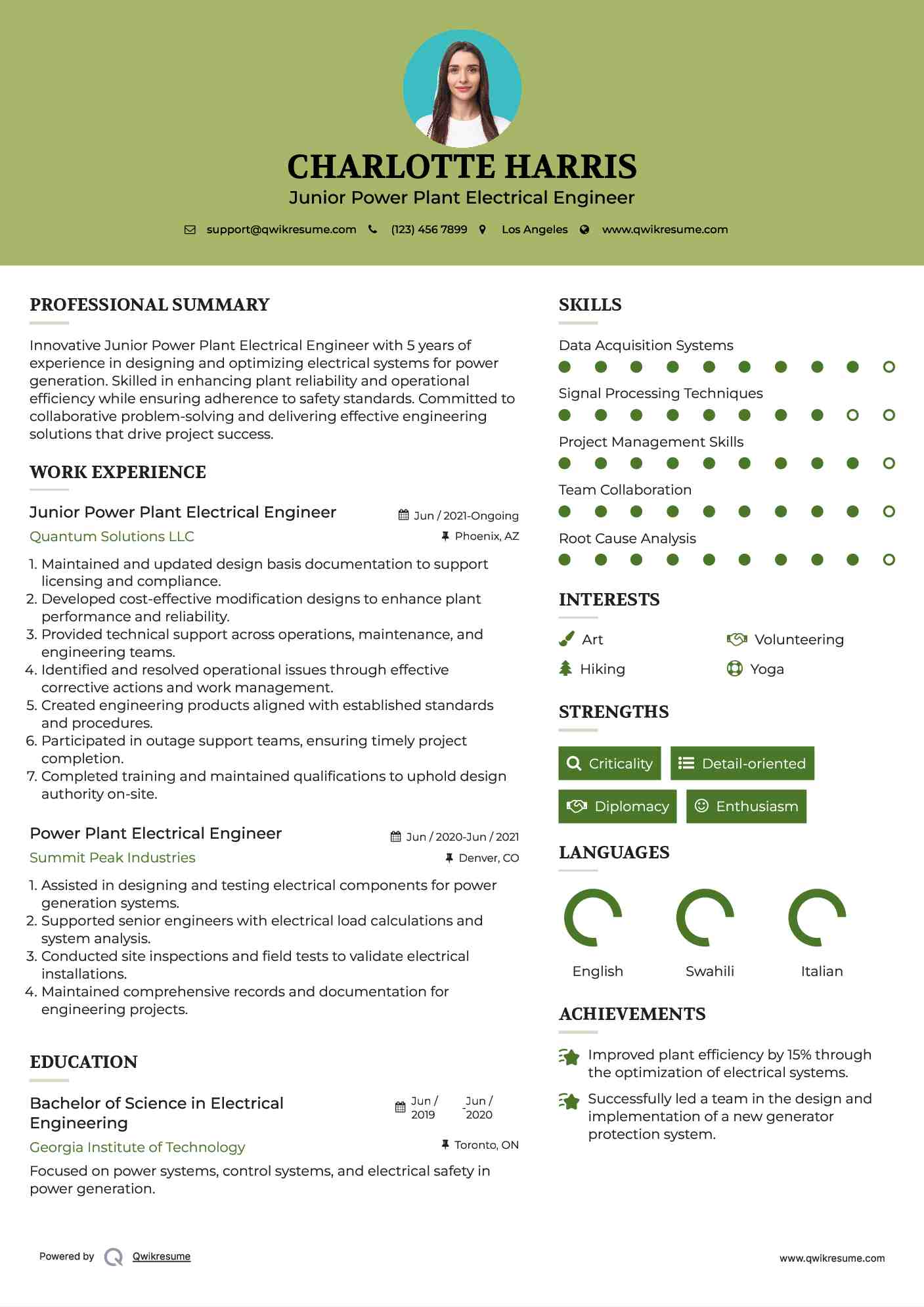 Junior Power Plant Electrical Engineer Resume Format