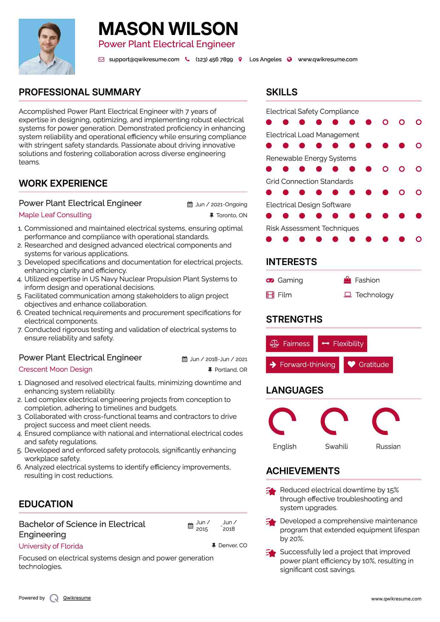 Power Plant Electrical Engineer Resume Example