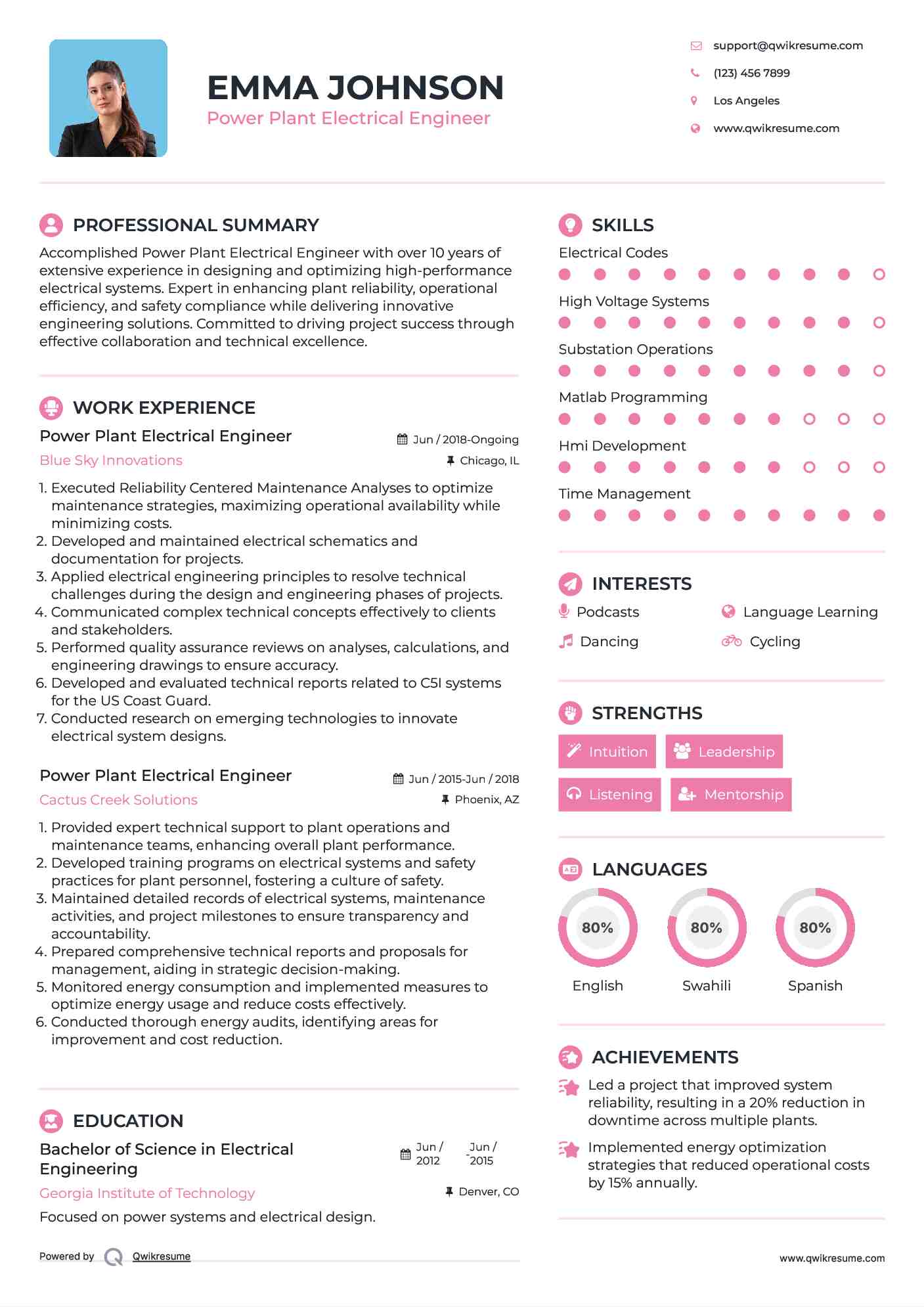 Power Plant Electrical Engineer Resume Template