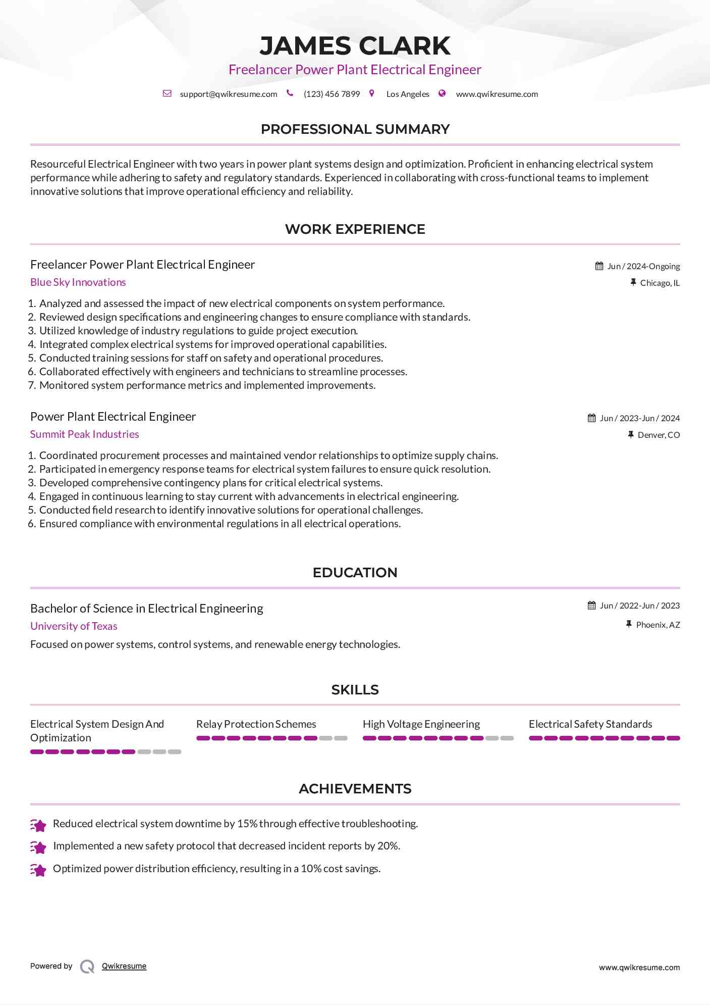 Freelancer Power Plant Electrical Engineer Resume Sample