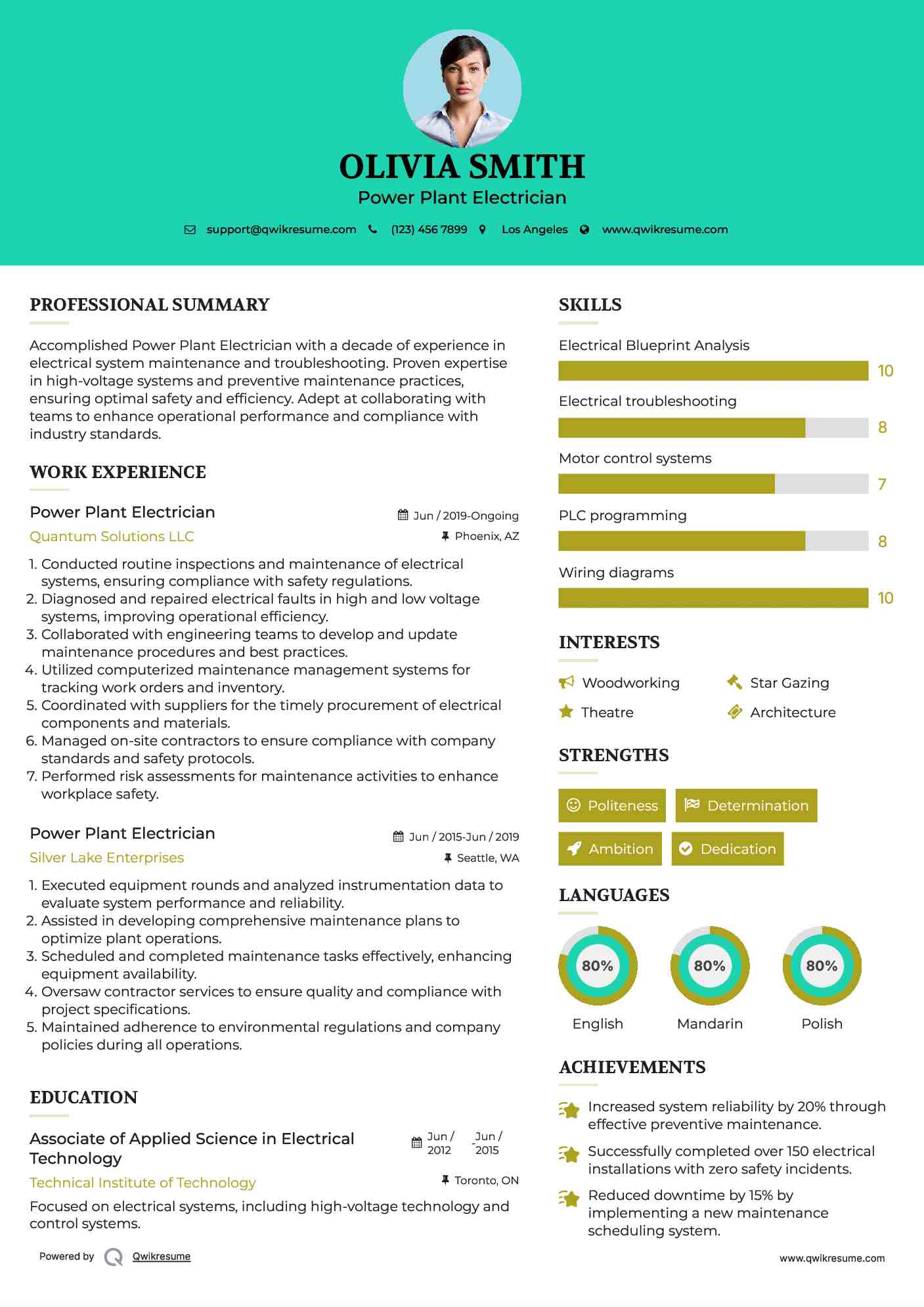 Power Plant Electrician Resume Sample