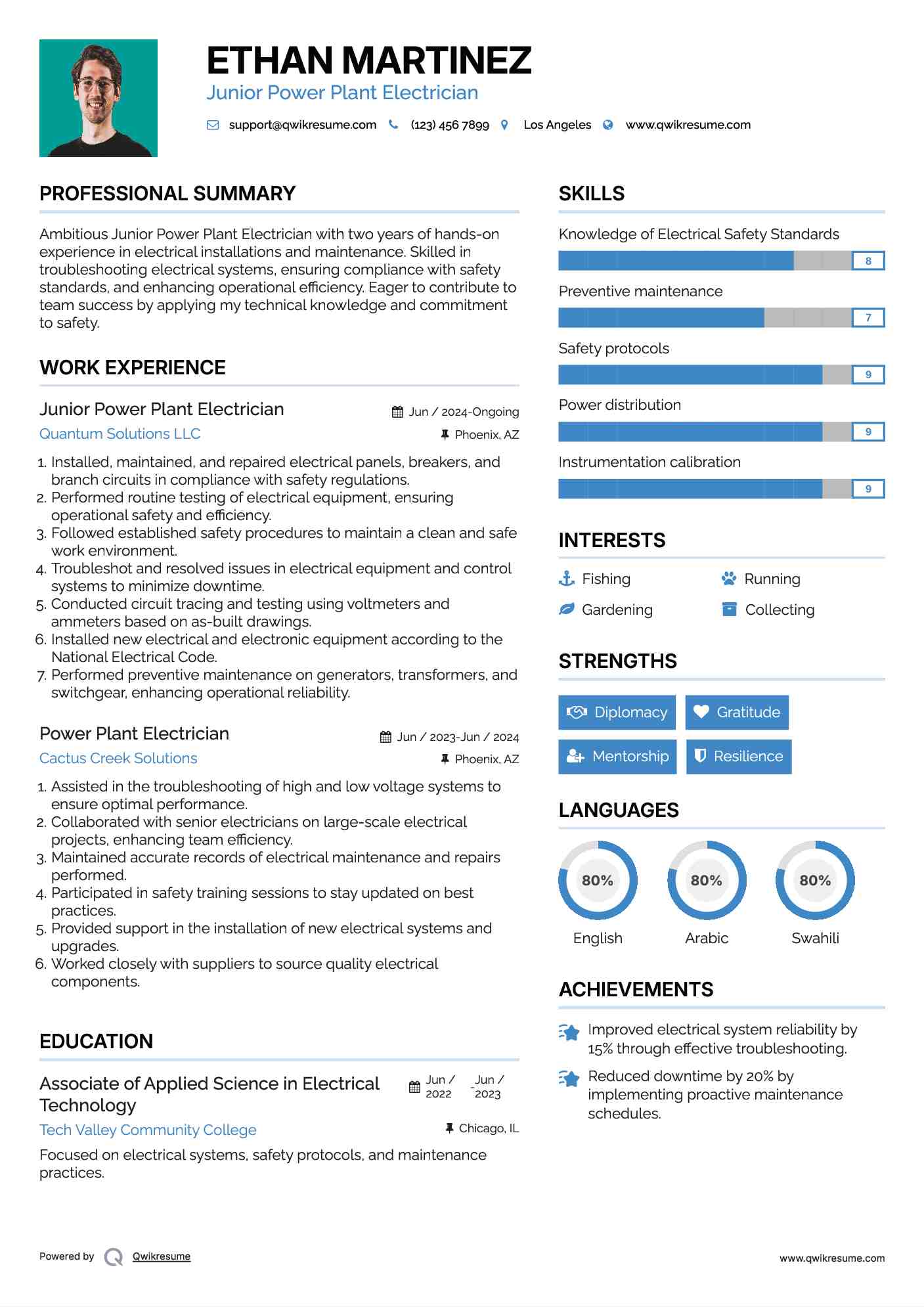 Junior Power Plant Electrician Resume Example