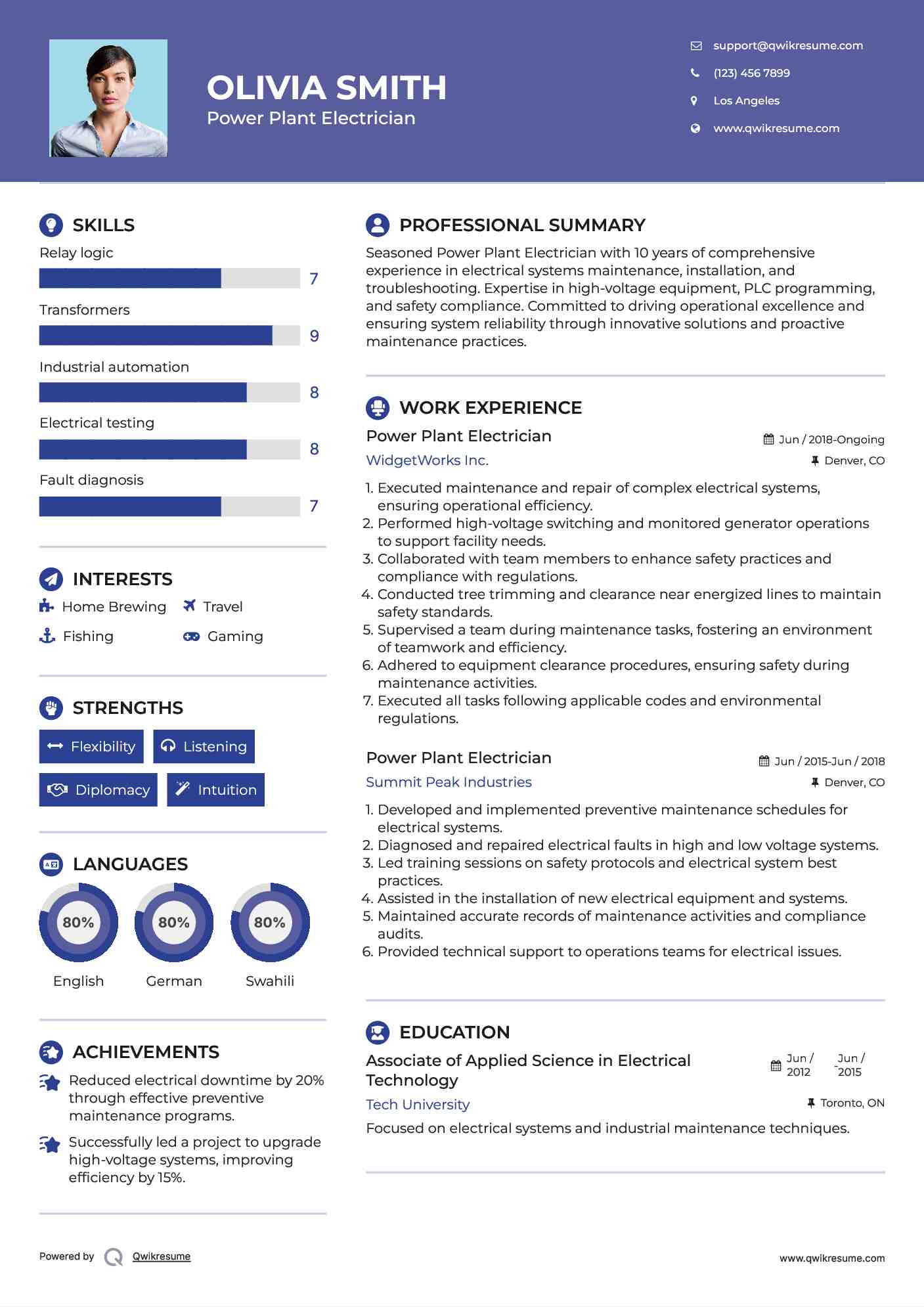 Power Plant Electrician Resume Sample