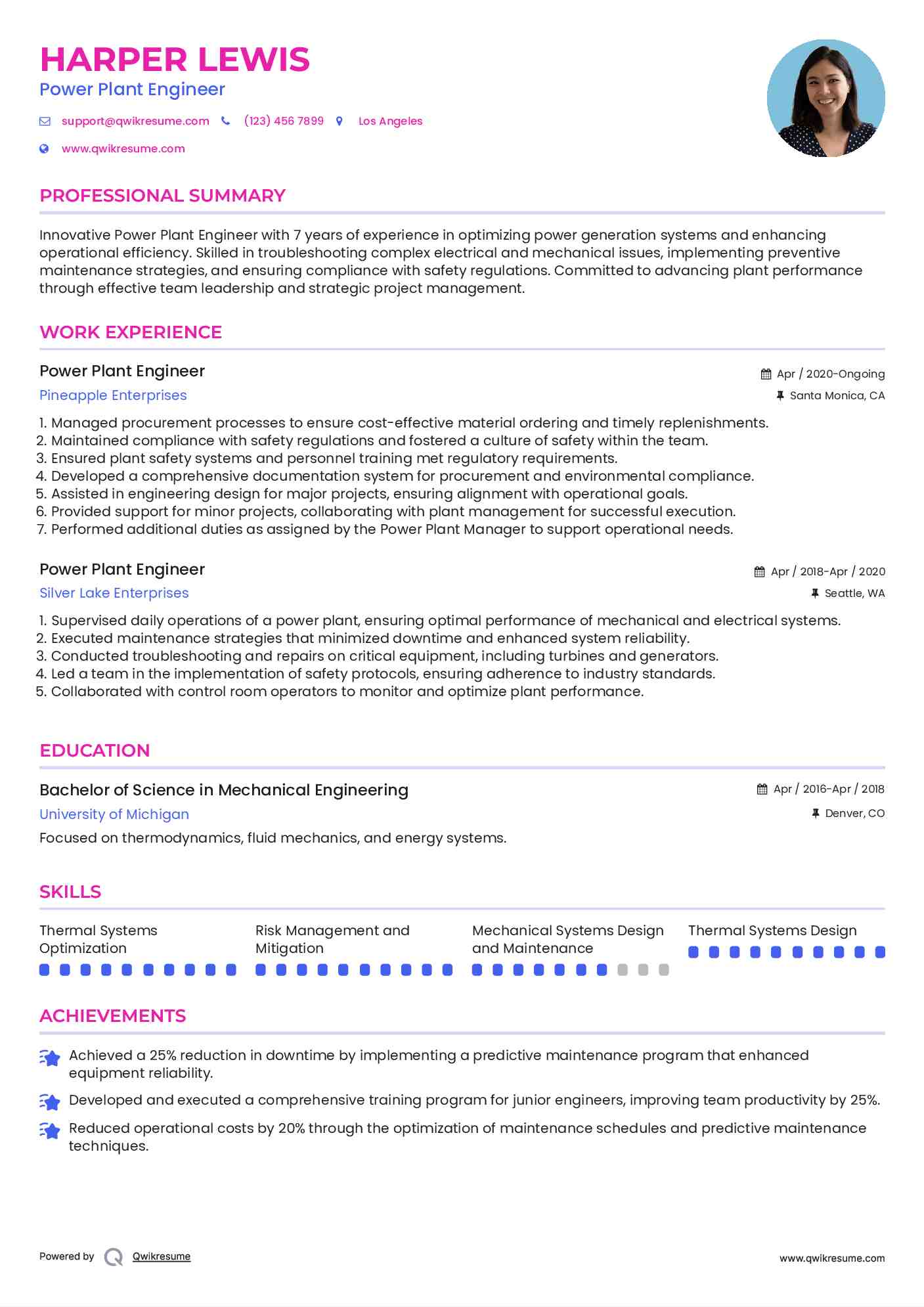 Power Plant Engineer Resume Sample
