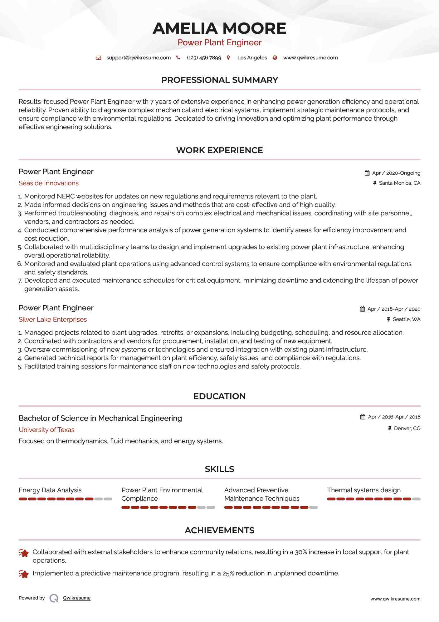 Power Plant Engineer Resume Model