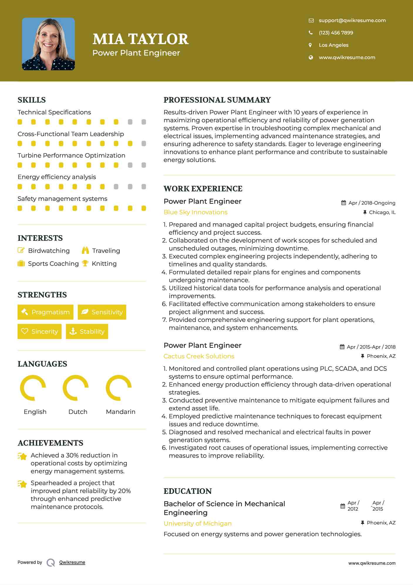 Power Plant Engineer Resume Model