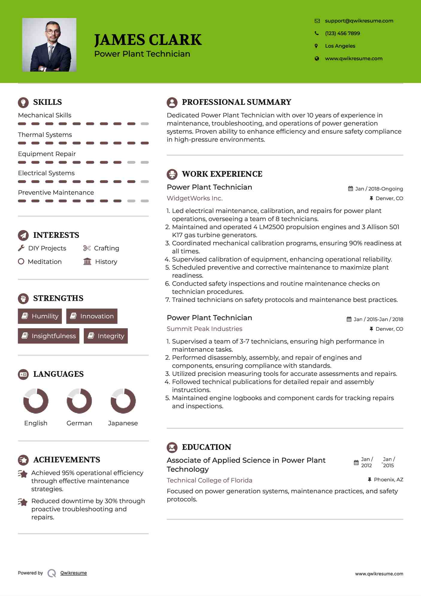 Power Plant Technician Resume Model