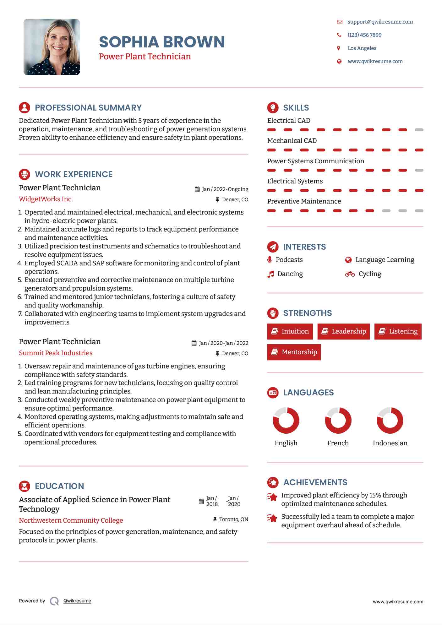 Power Plant Technician Resume Model