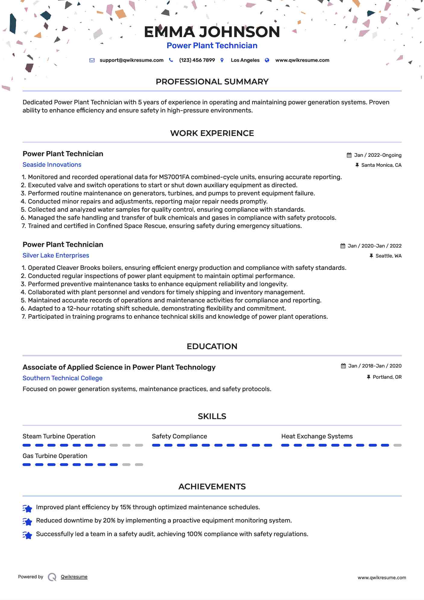 Power Plant Technician Resume Sample