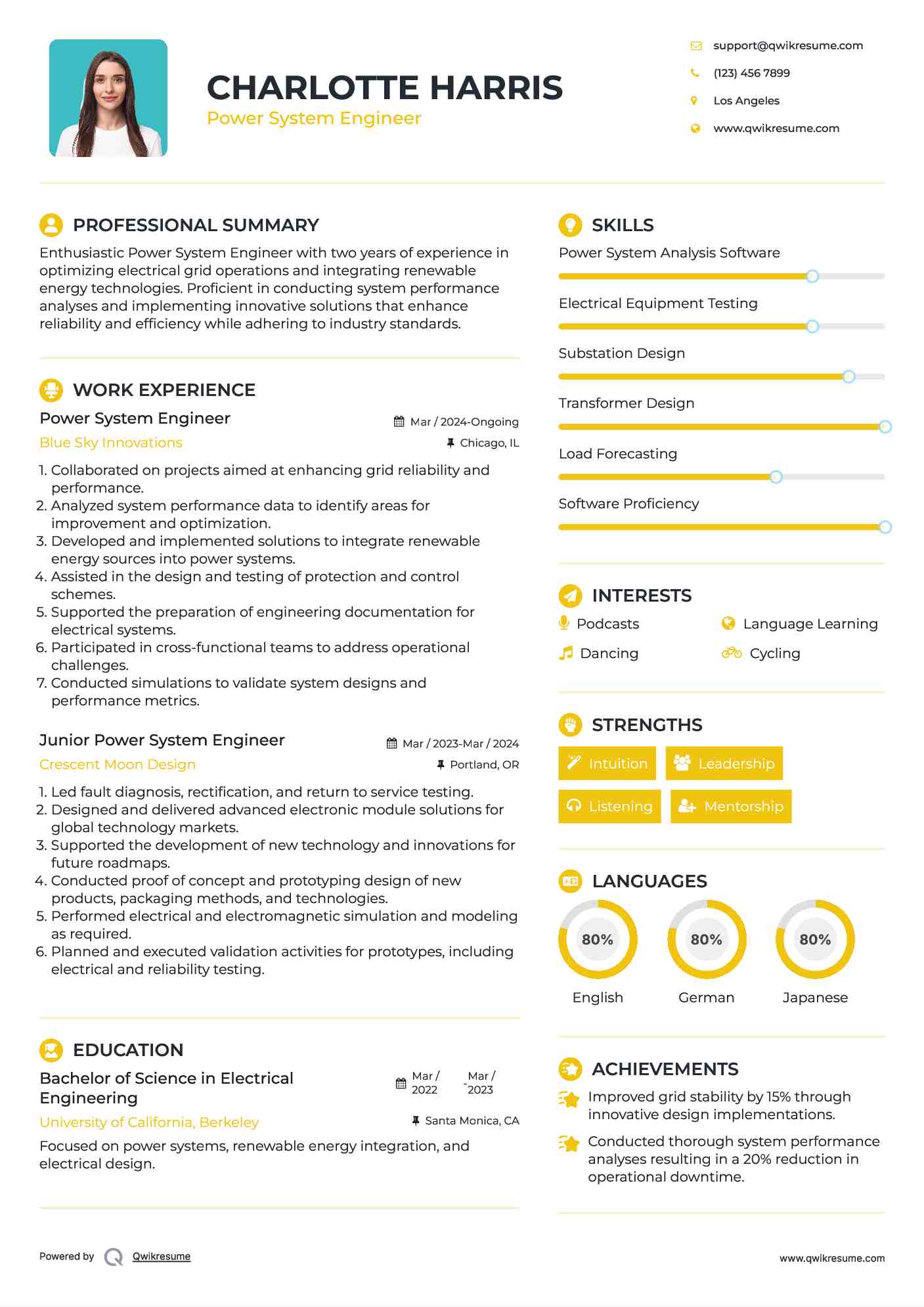 Power System Engineer Resume Sample