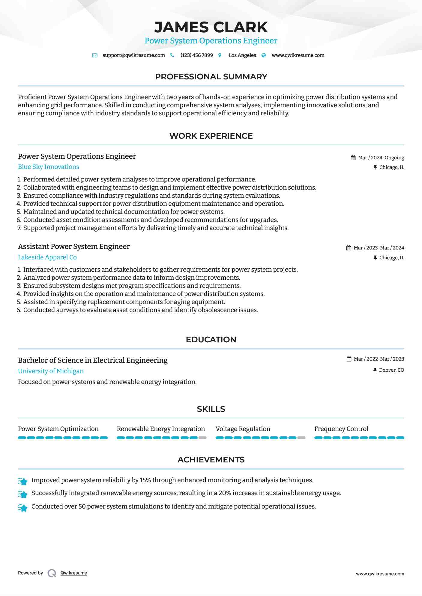 Power System Operations Engineer Resume Example