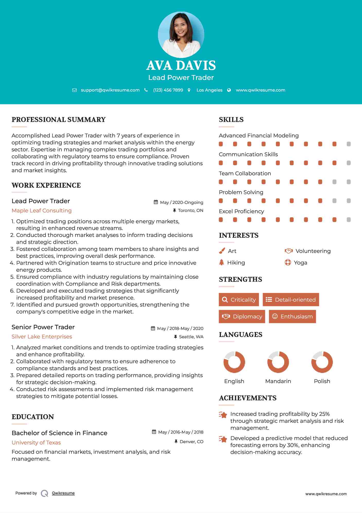 Lead Power Trader Resume Format