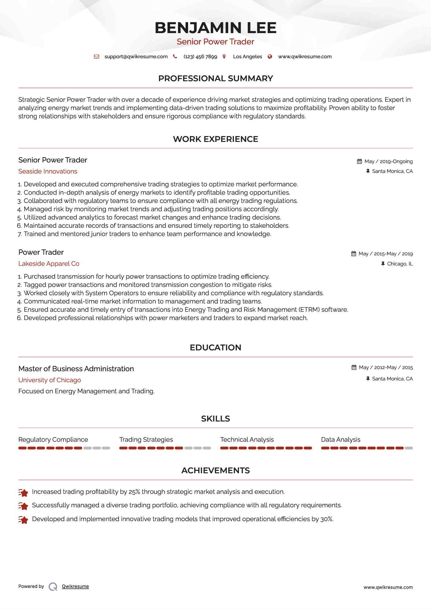 Senior Power Trader Resume Model