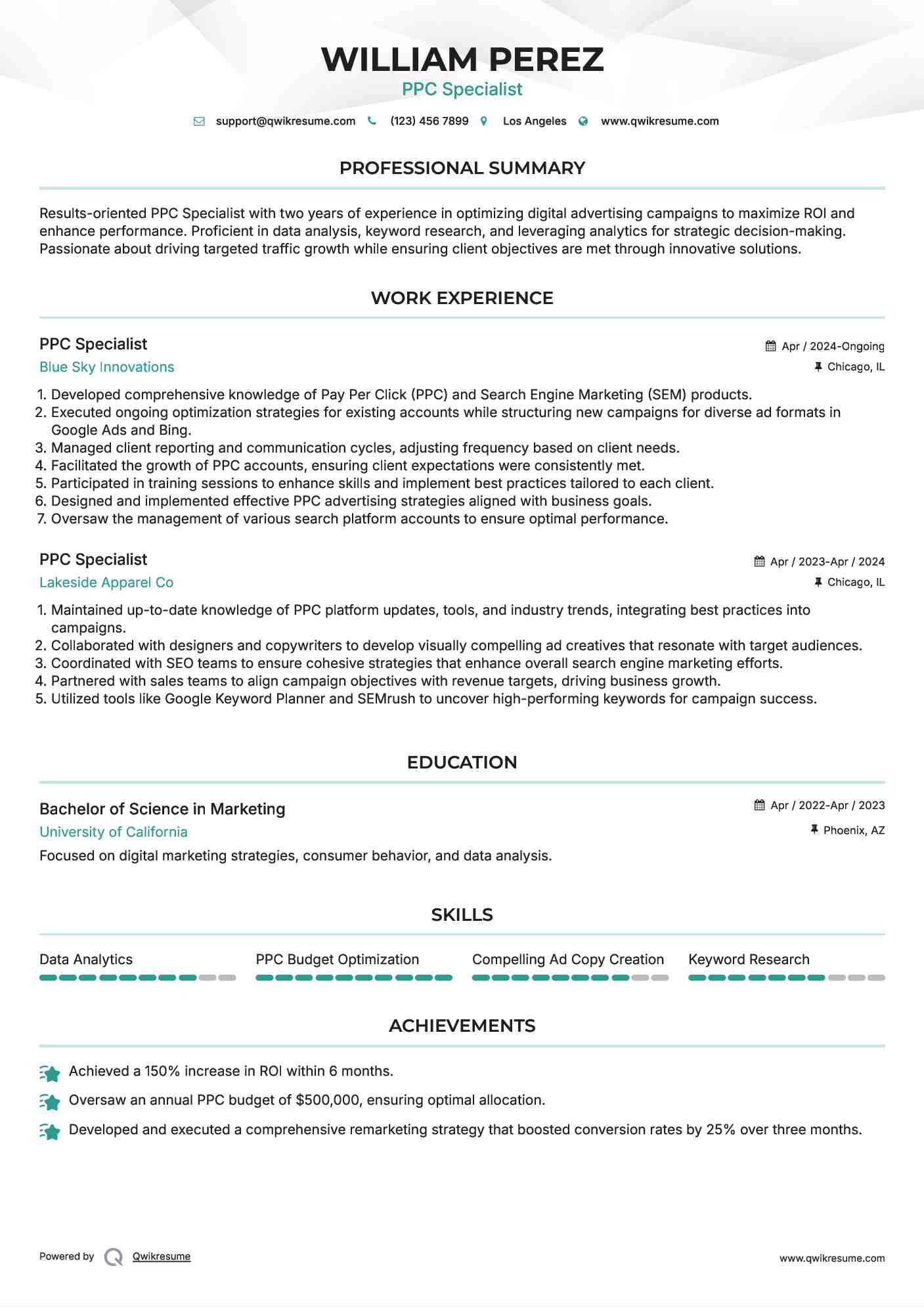 PPC Specialist Resume Sample