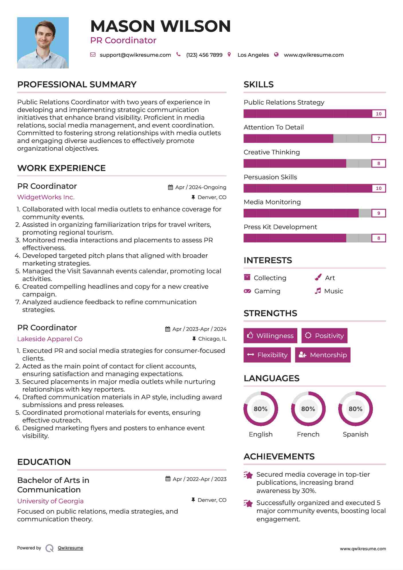 PR Coordinator Resume Format