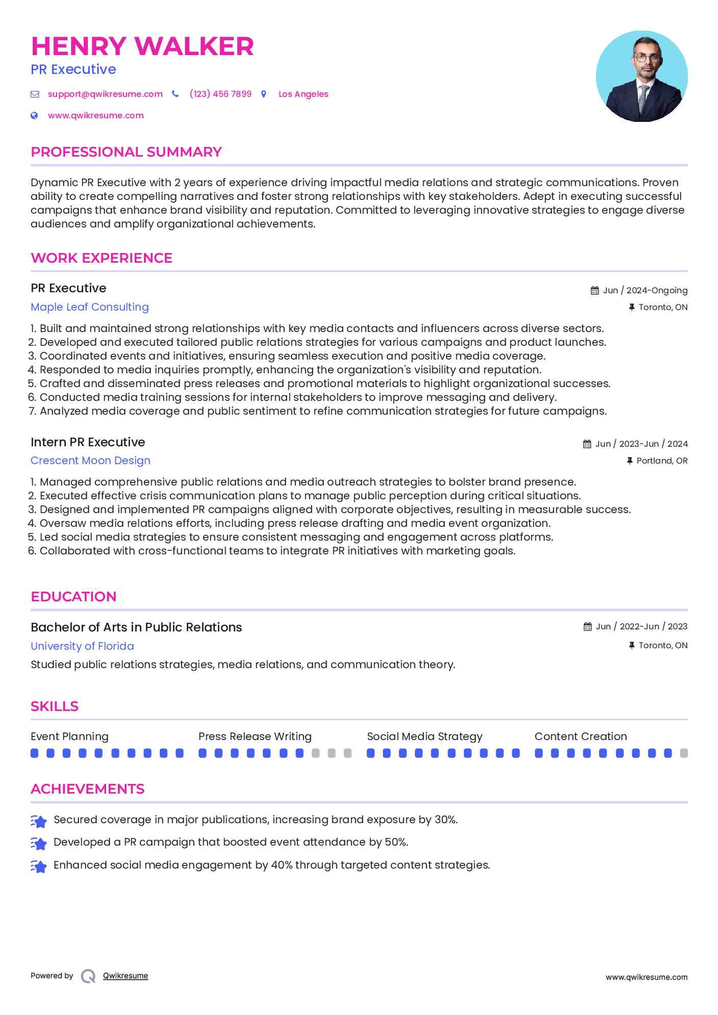 PR Executive Resume Example