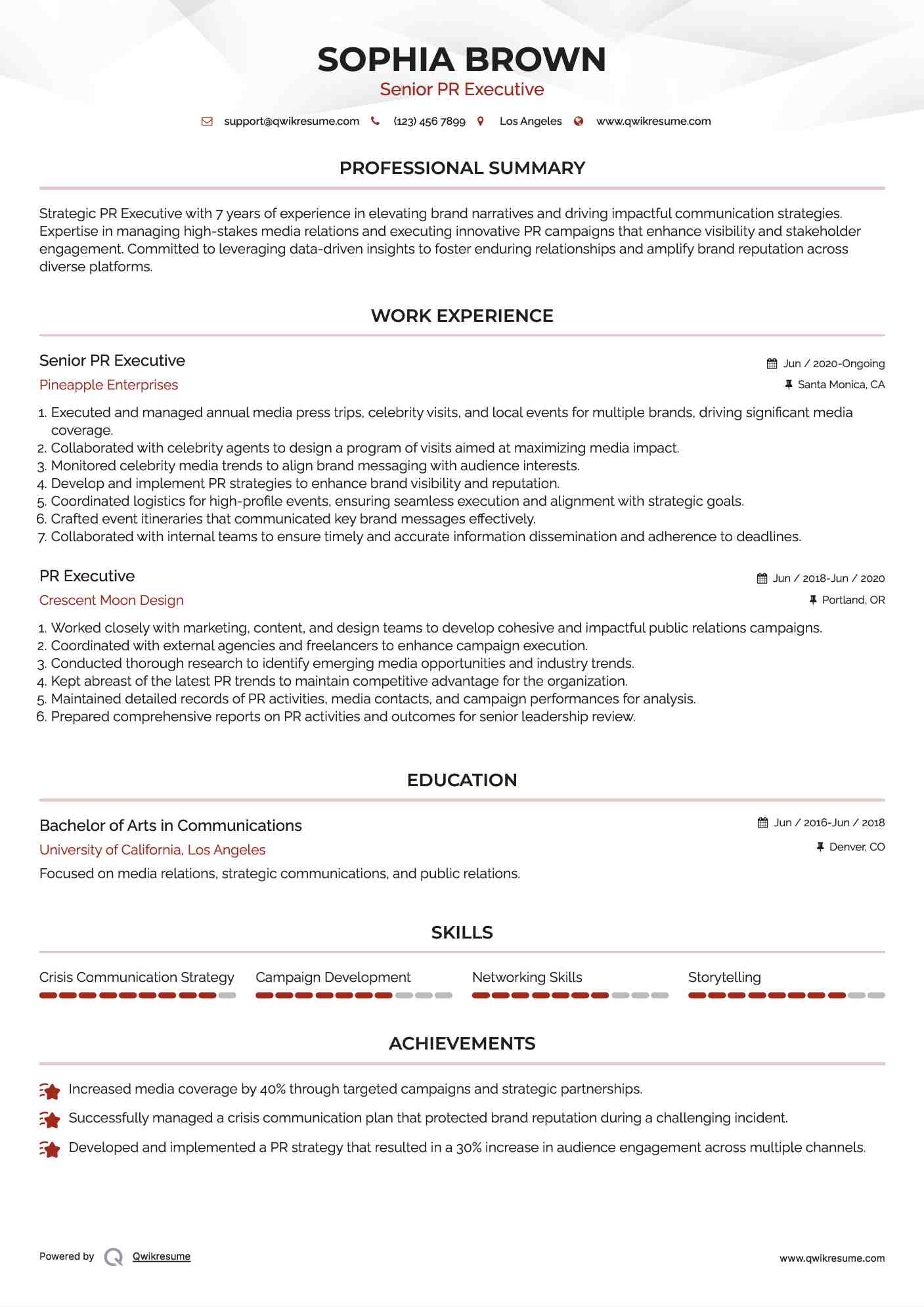 Senior PR Executive Resume Example