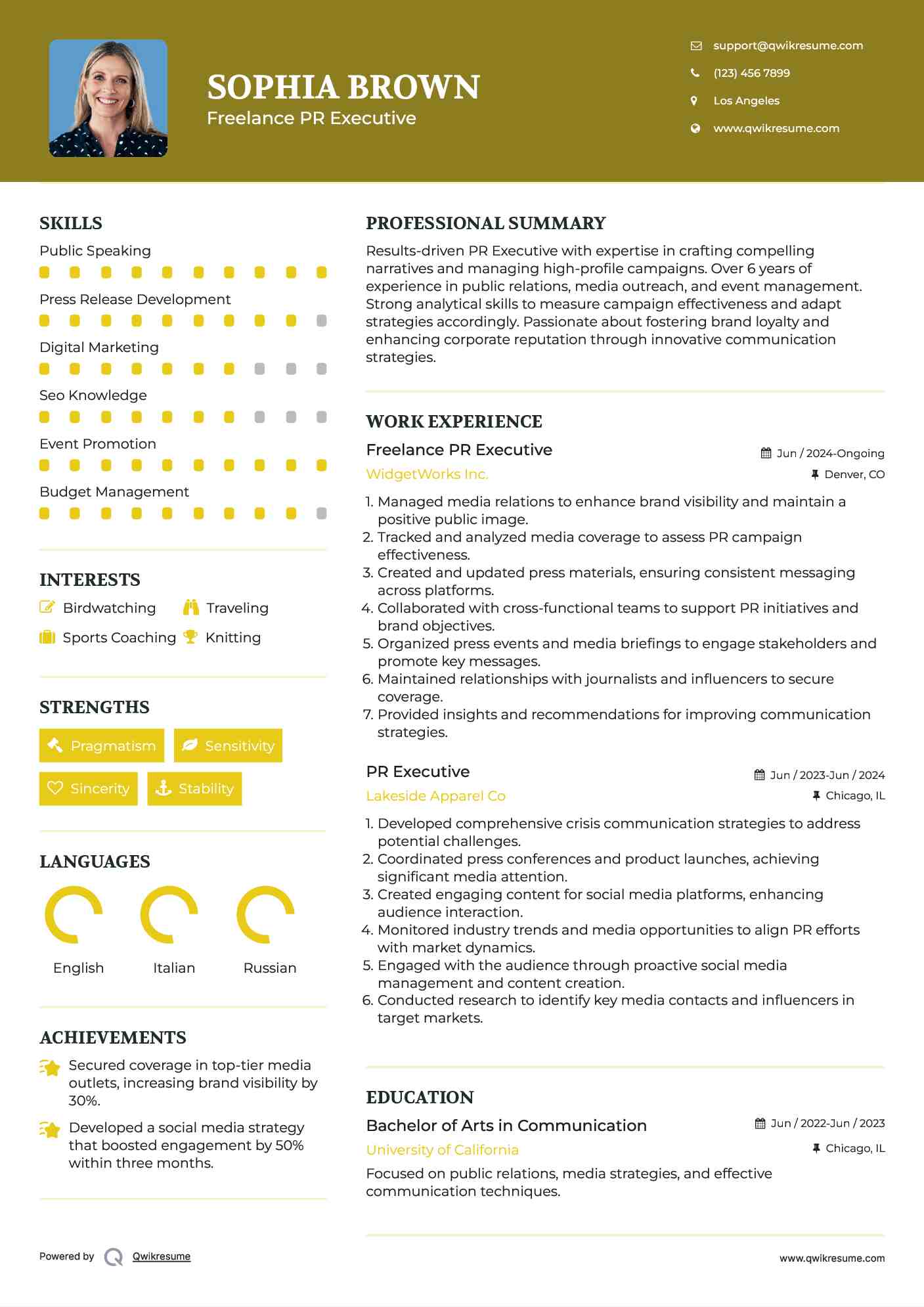 Freelance PR Executive Resume Sample