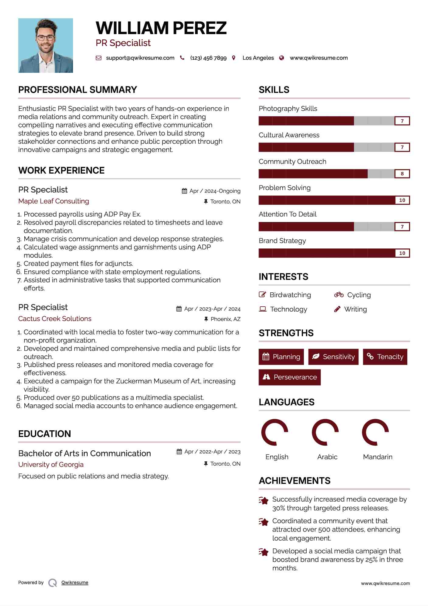 PR Specialist Resume Model