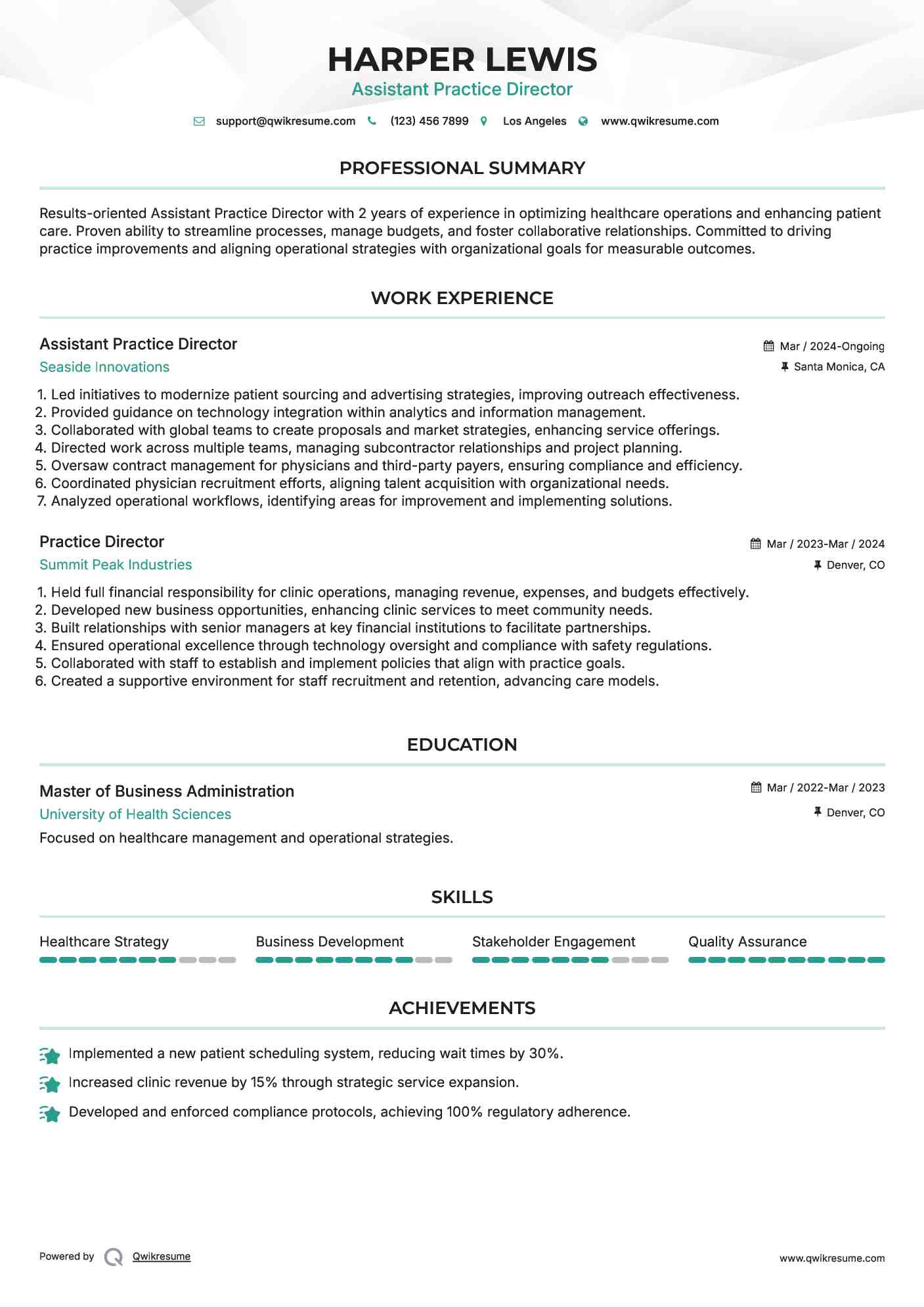 Assistant Practice Director Resume Sample