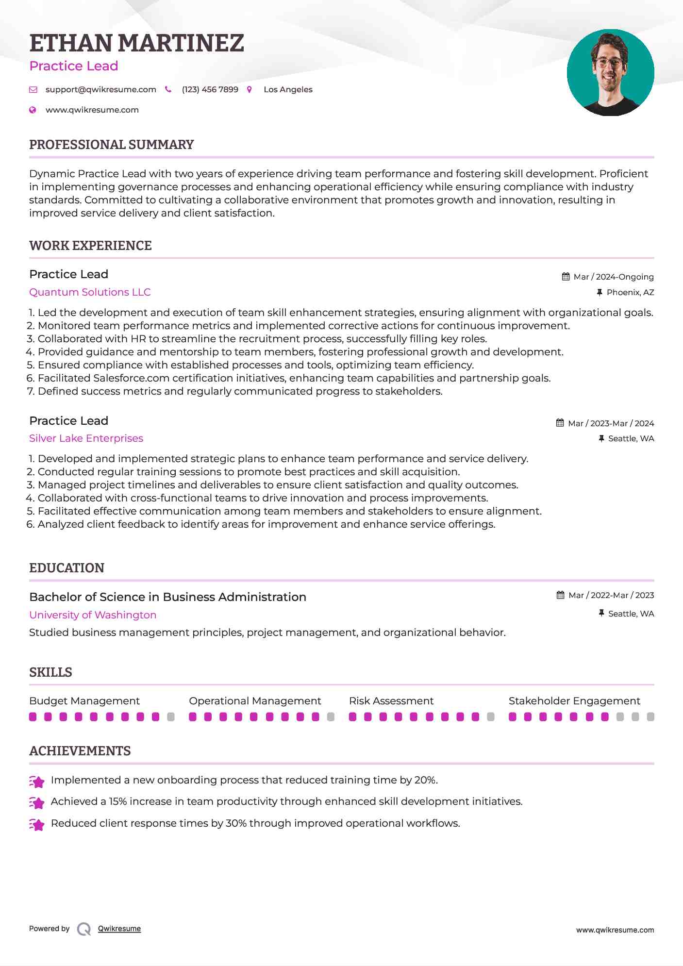 Practice Lead Resume Sample